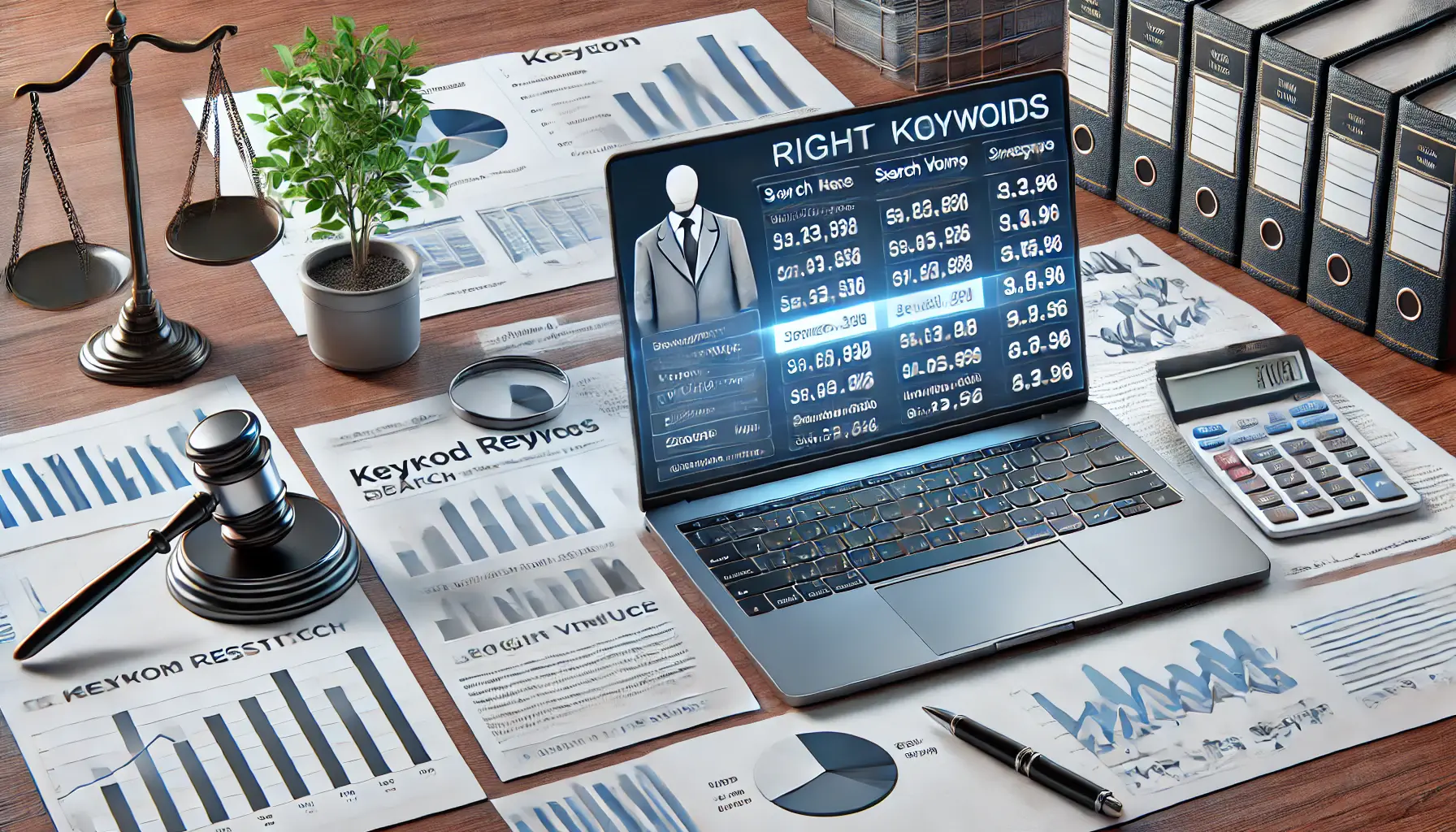 A modern office desk with a laptop displaying a keyword research tool showing search terms and volume, with charts and legal documents nearby.