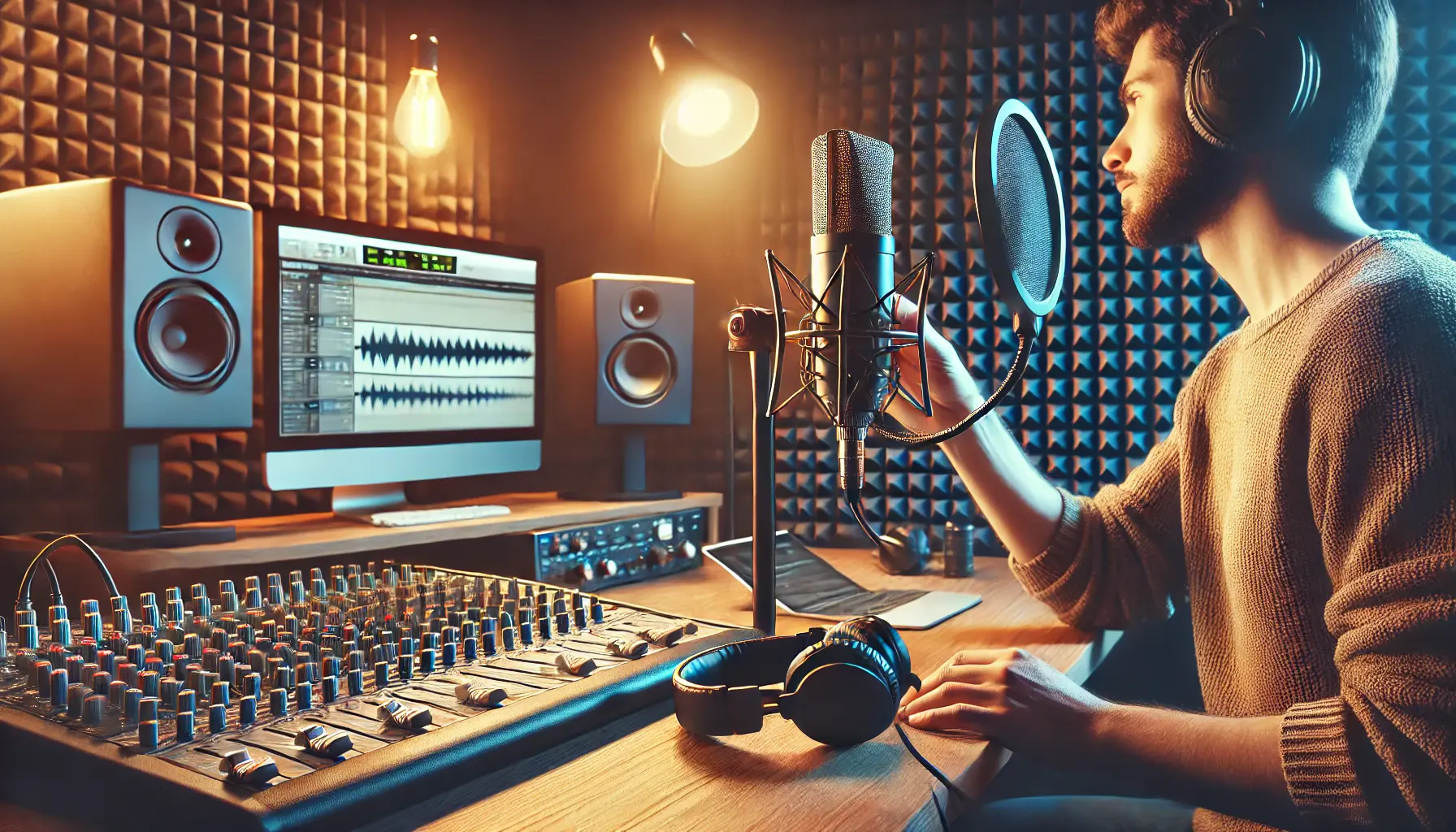 A voiceover artist in a professional studio, selecting and adjusting a high-quality condenser microphone with audio equipment in the background.