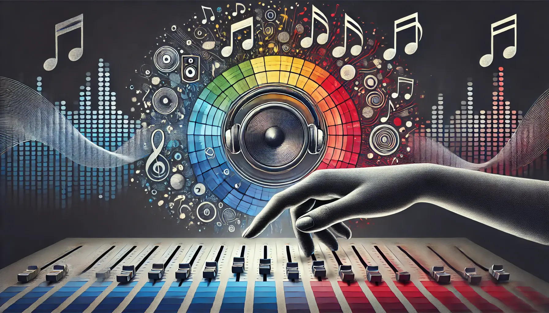 Creative image of a hand with headphones selecting from colorful musical notes and sound waves, symbolizing music selection for ads.