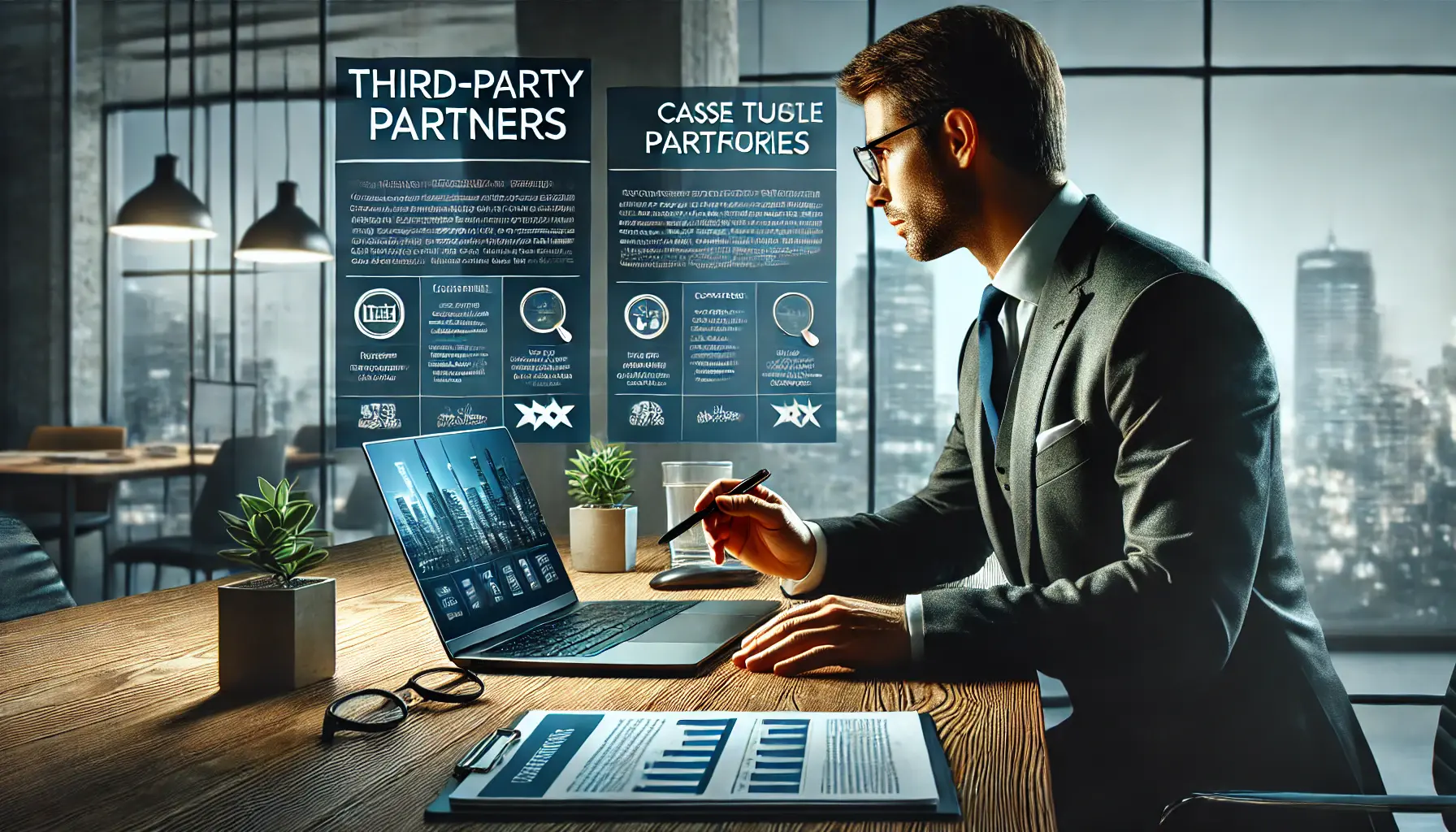 A business professional evaluating third-party partners using charts, certifications, and portfolios in a modern office.