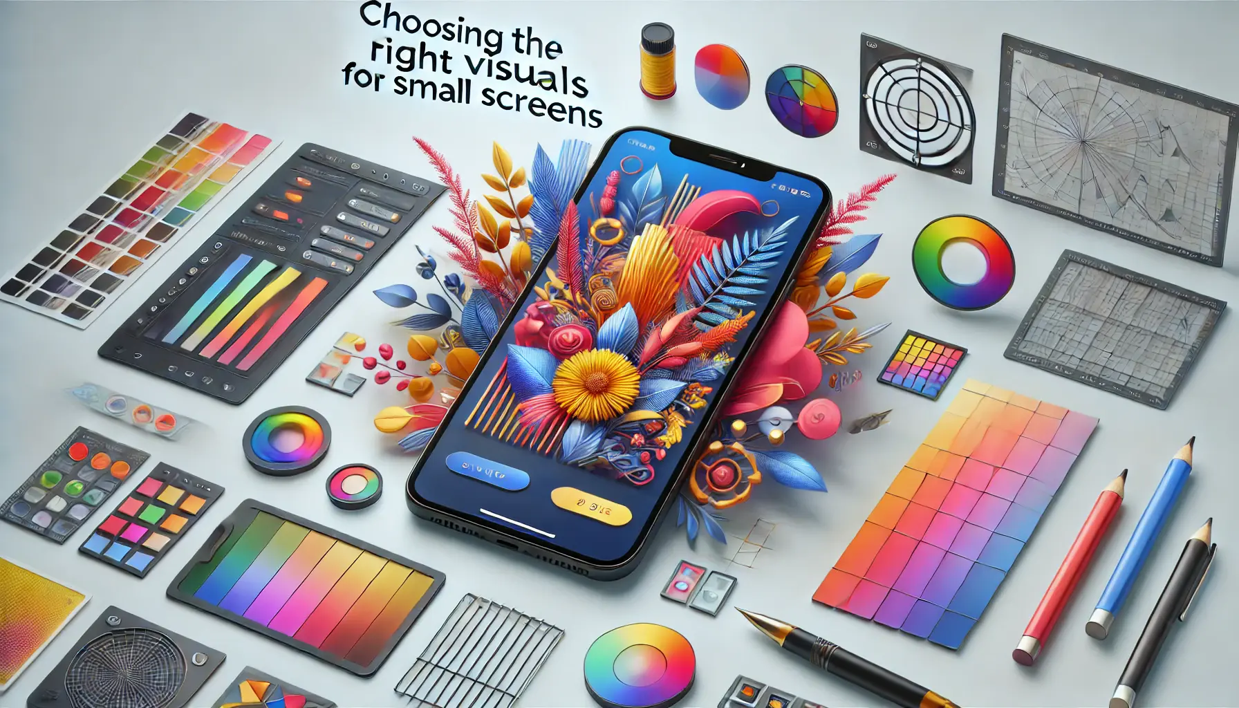 A smartphone displaying a vibrant ad with design tools like color swatches and image editing elements surrounding it.