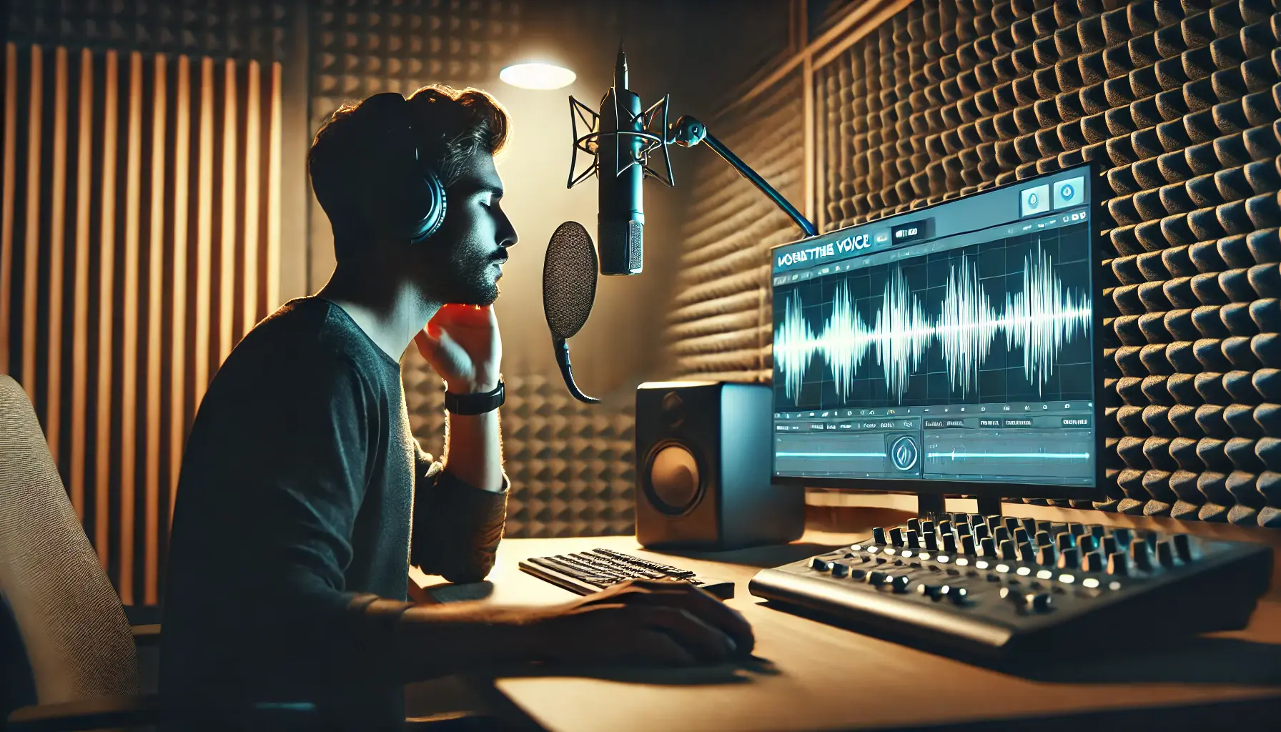 A voiceover artist in a professional recording booth, listening through headphones and speaking into a microphone, with soundproofing and voice recording software visible in the background.