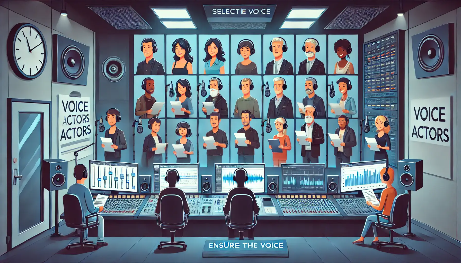 A professional studio with diverse voice actors in recording booths, each equipped with microphones and scripts, symbolizing audience-focused voice selection.