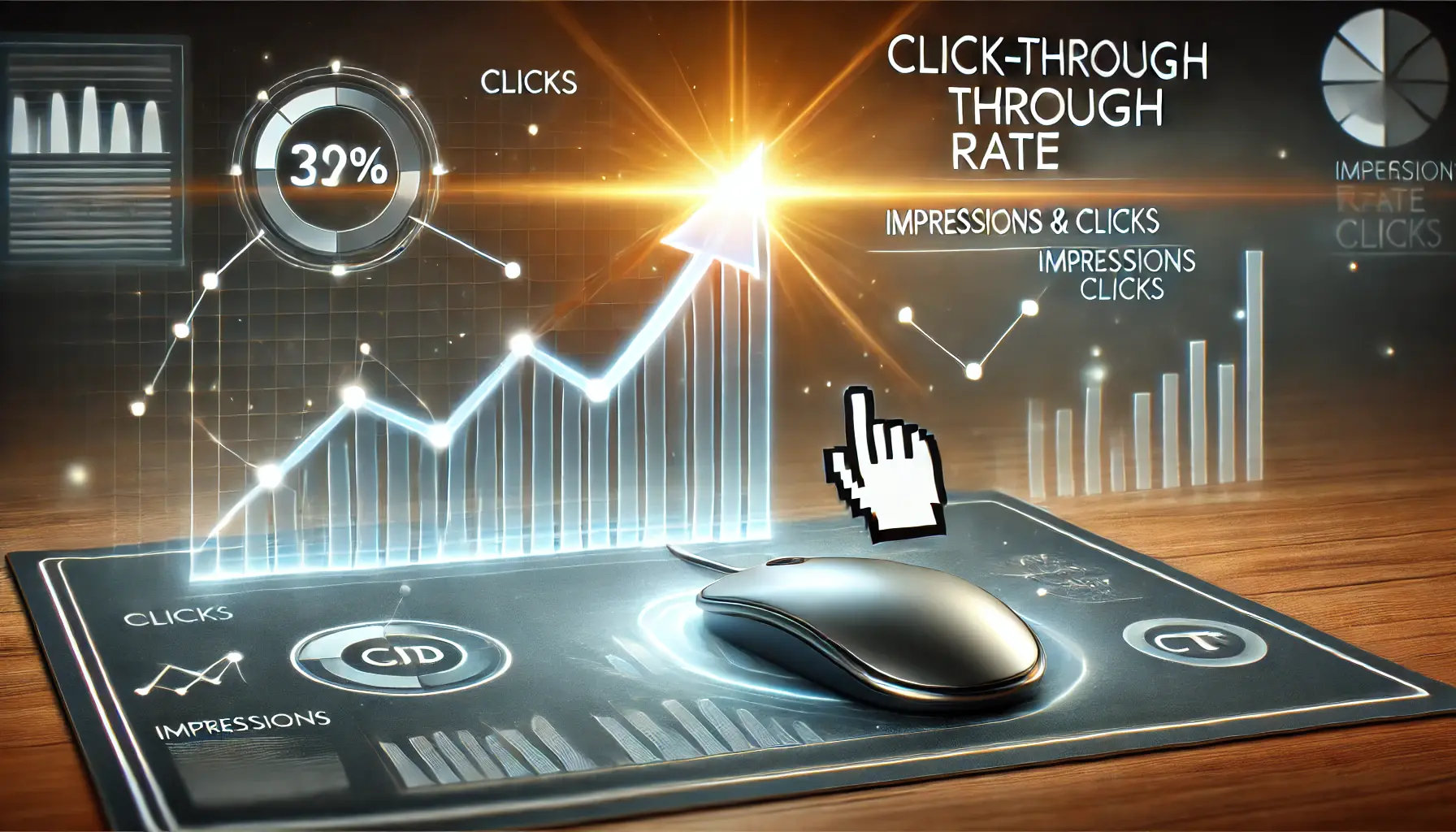 A glowing chart with an upward-trending arrow and a computer mouse cursor clicking on an ad button, surrounded by analytics icons and data points representing impressions and clicks.