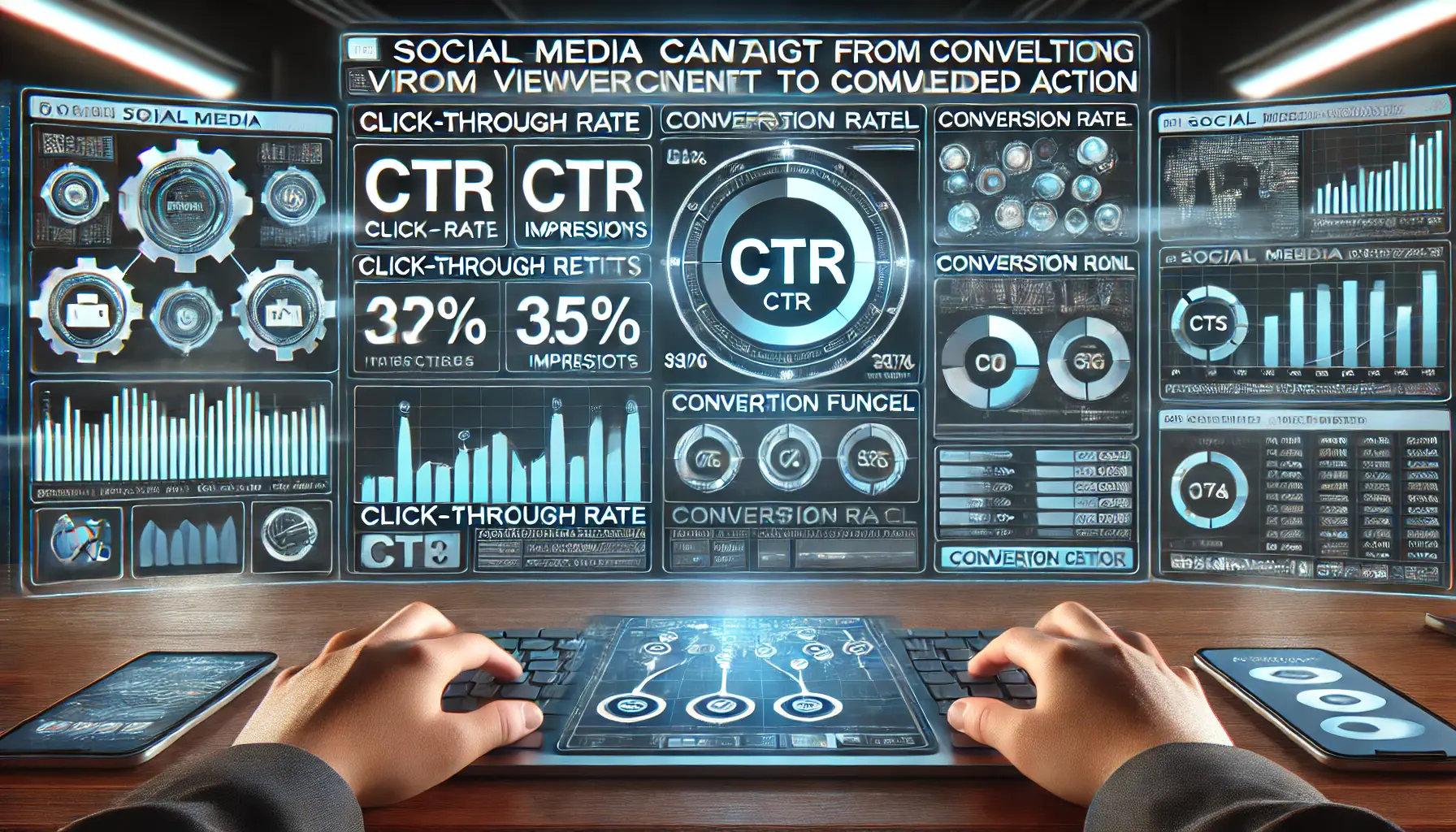 A high-tech digital dashboard displaying social media metrics for click-through rate (CTR) and conversion rates with interactive graphs and conversion funnel visualization.