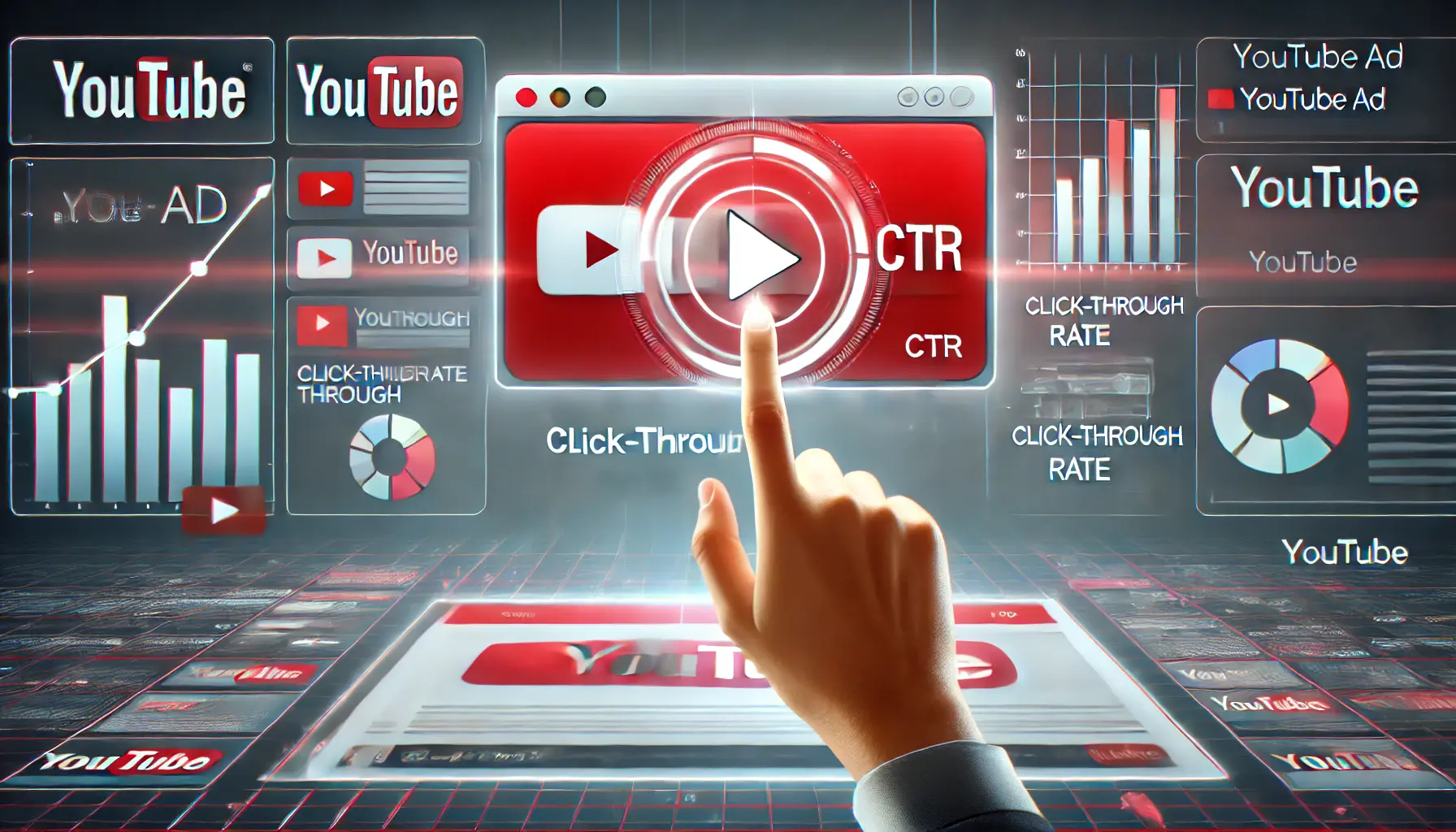 A digital illustration showing a user interacting with a YouTube ad, with a cursor icon hovering over the call-to-action button, representing the click-through rate (CTR).