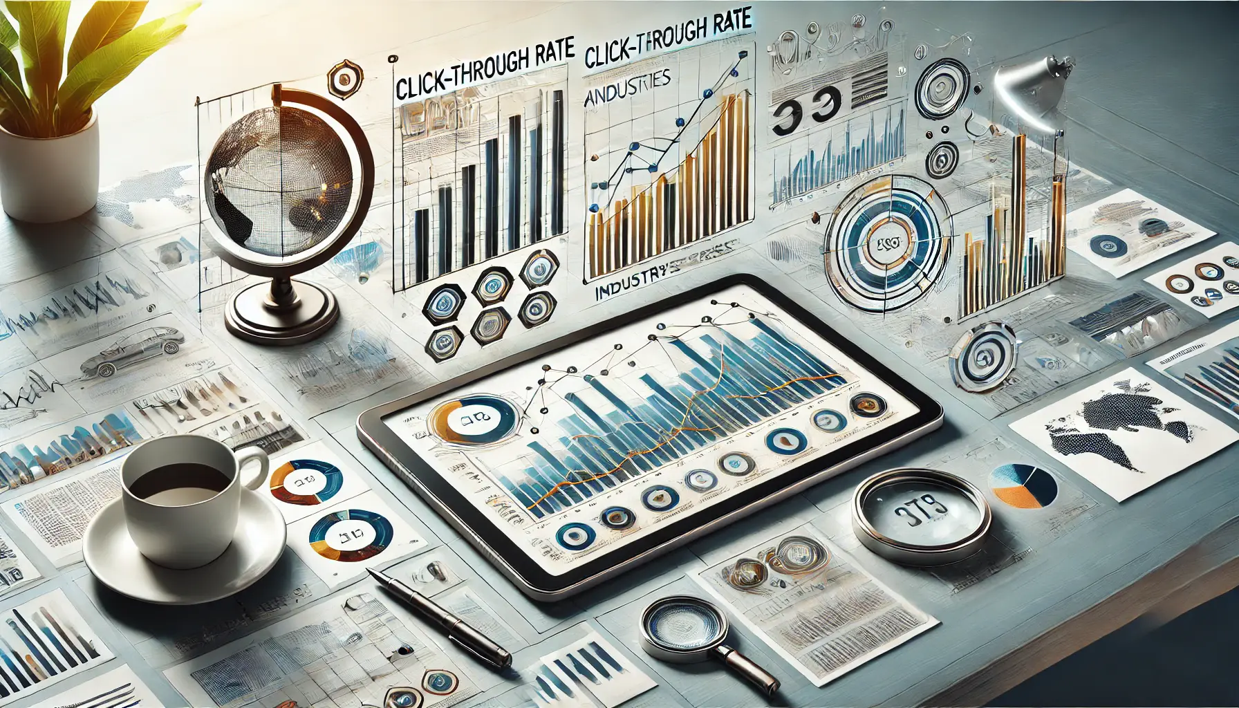 Visualization of click-through rate trends with bar and line graphs in a clean, modern workspace setting.