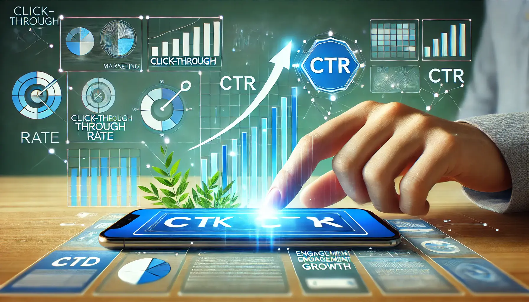 A digital marketing scene showing a mobile device being clicked, with arrows and a graph symbolizing CTR and engagement growth.