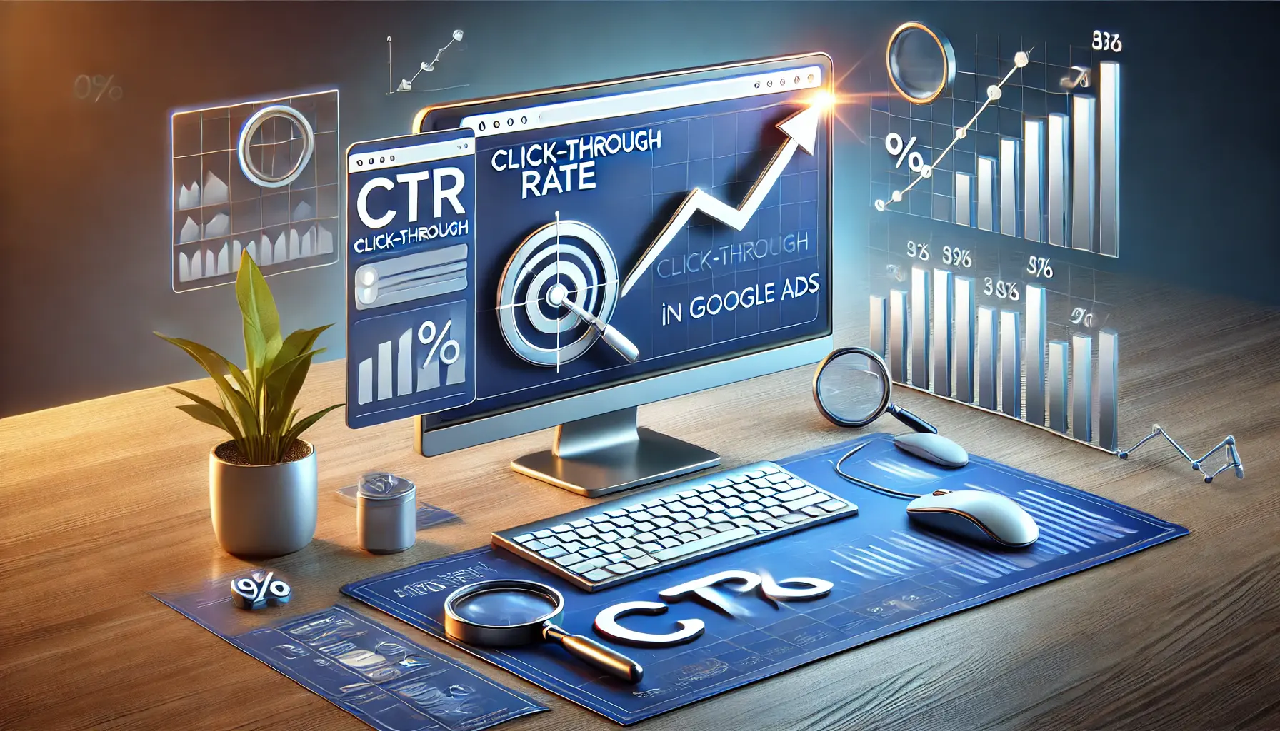 A workspace featuring a desktop screen with analytics dashboards highlighting Click-Through Rate trends and symbolic icons representing engagement.