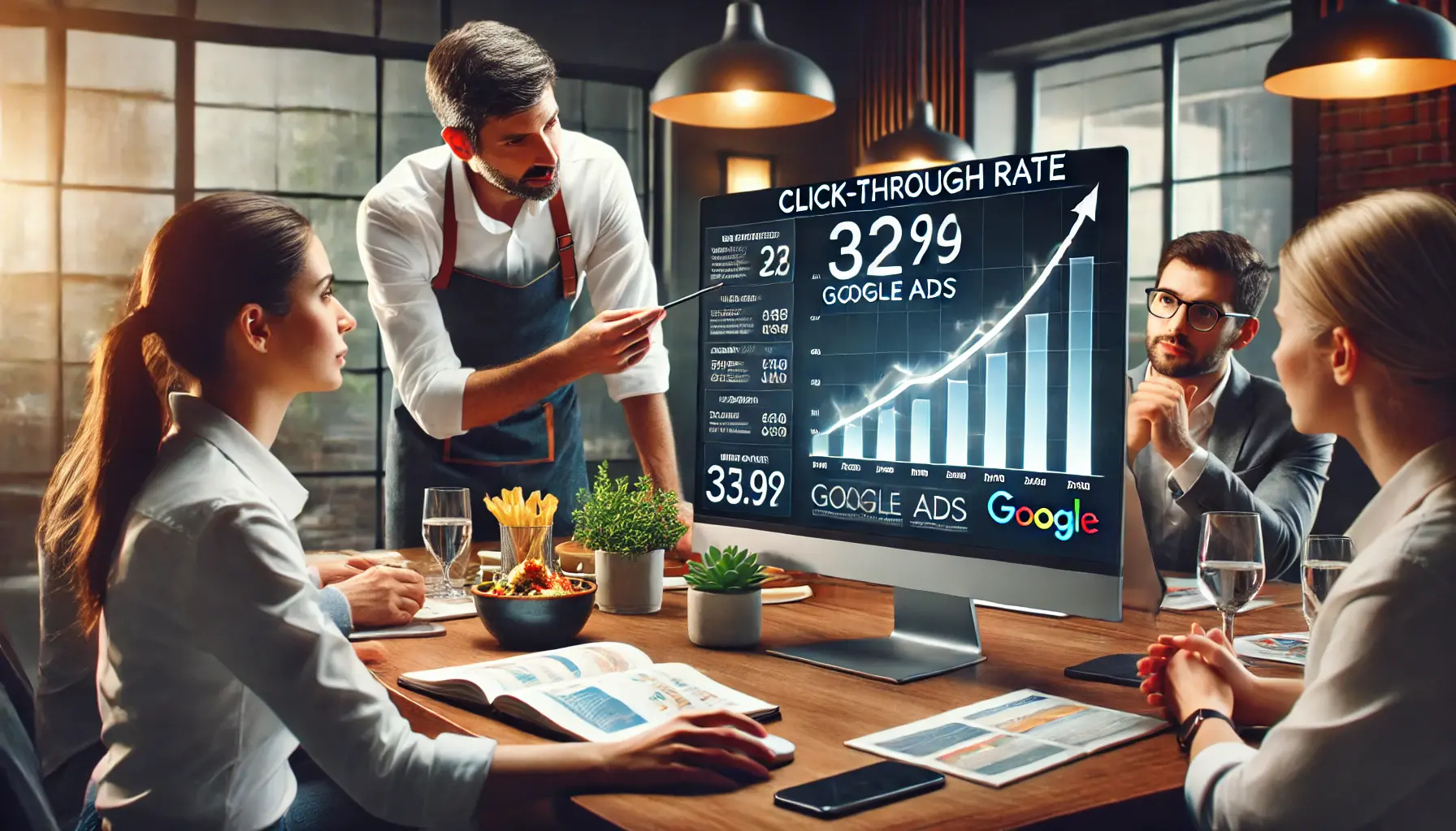 A restaurant marketing team analyzing a graph showing the click-through rate (CTR) of their Google Ads campaign.