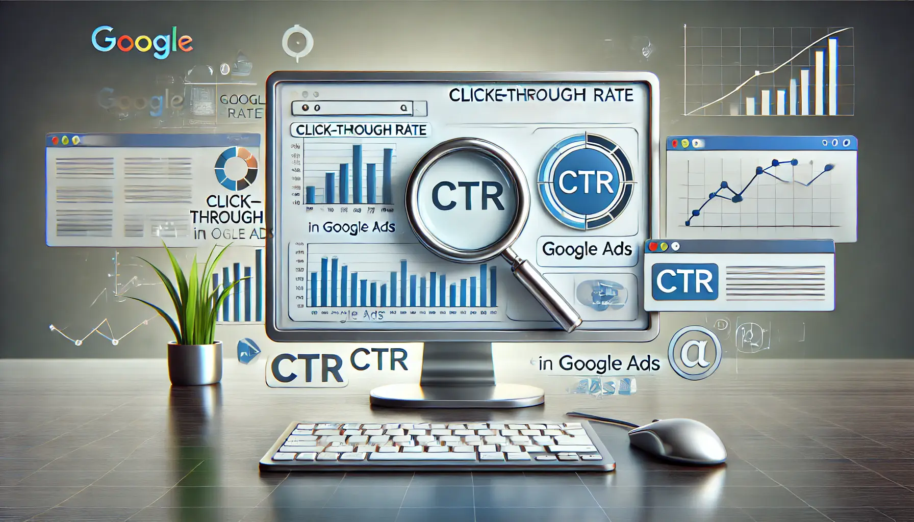 A professional digital marketing visualization with a computer screen displaying analytical charts and graphs for CTR analysis, surrounded by icons for search and ads.