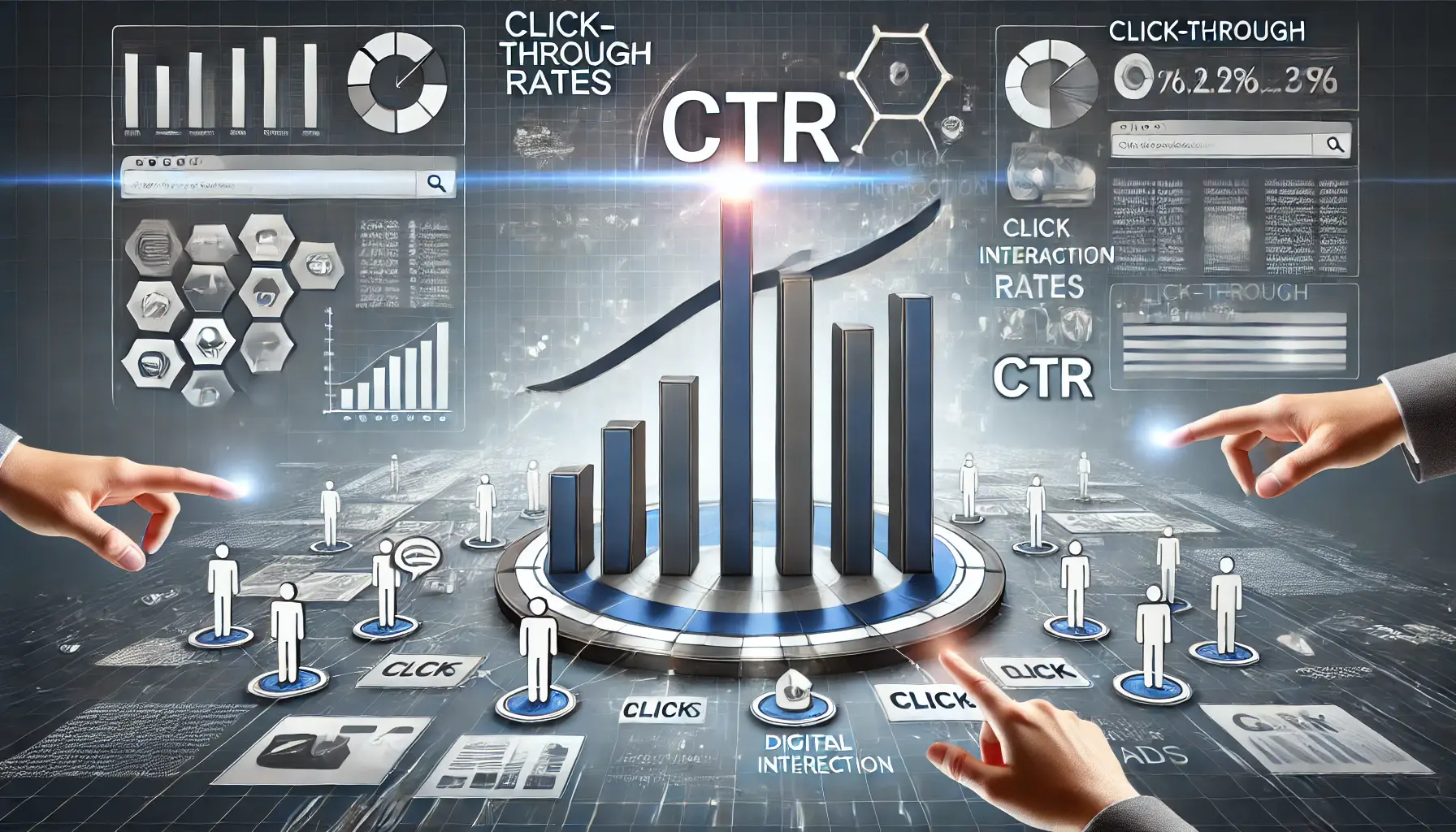 Illustration depicting click-through rates (CTR) with a bar chart showing upward trends and digital ad interactions.