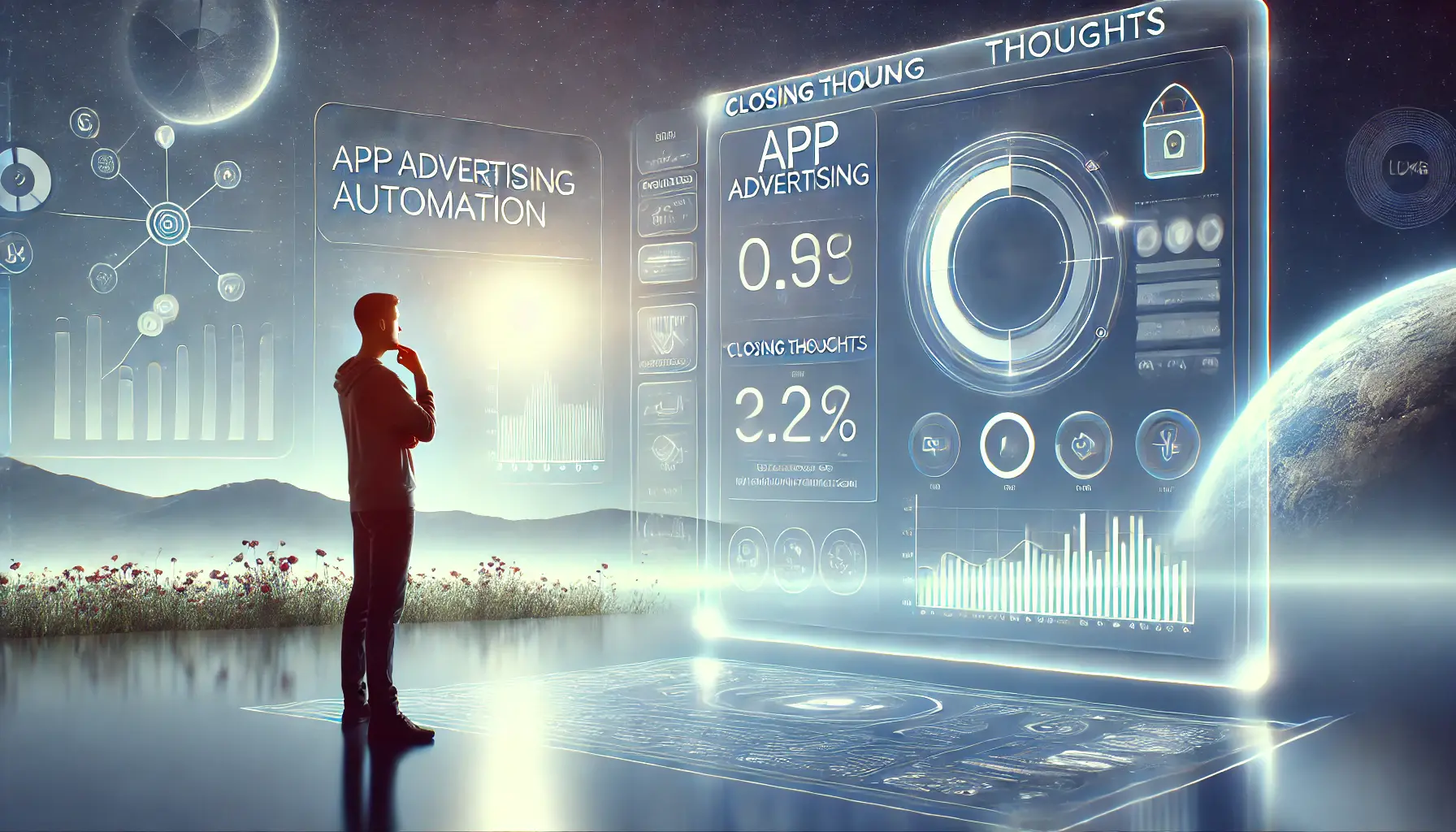 A serene digital workspace showing an individual reflecting on app advertising automation performance, symbolizing closing thoughts.