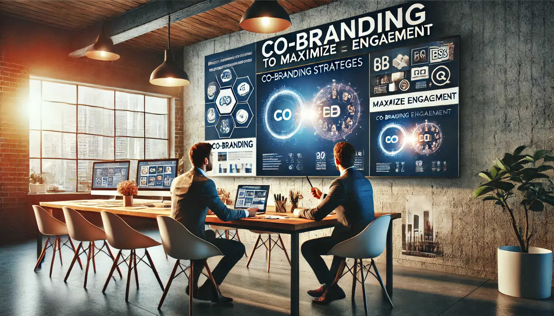 Representatives from two brands collaborating in a modern workspace with a digital screen displaying co-branded ad designs.