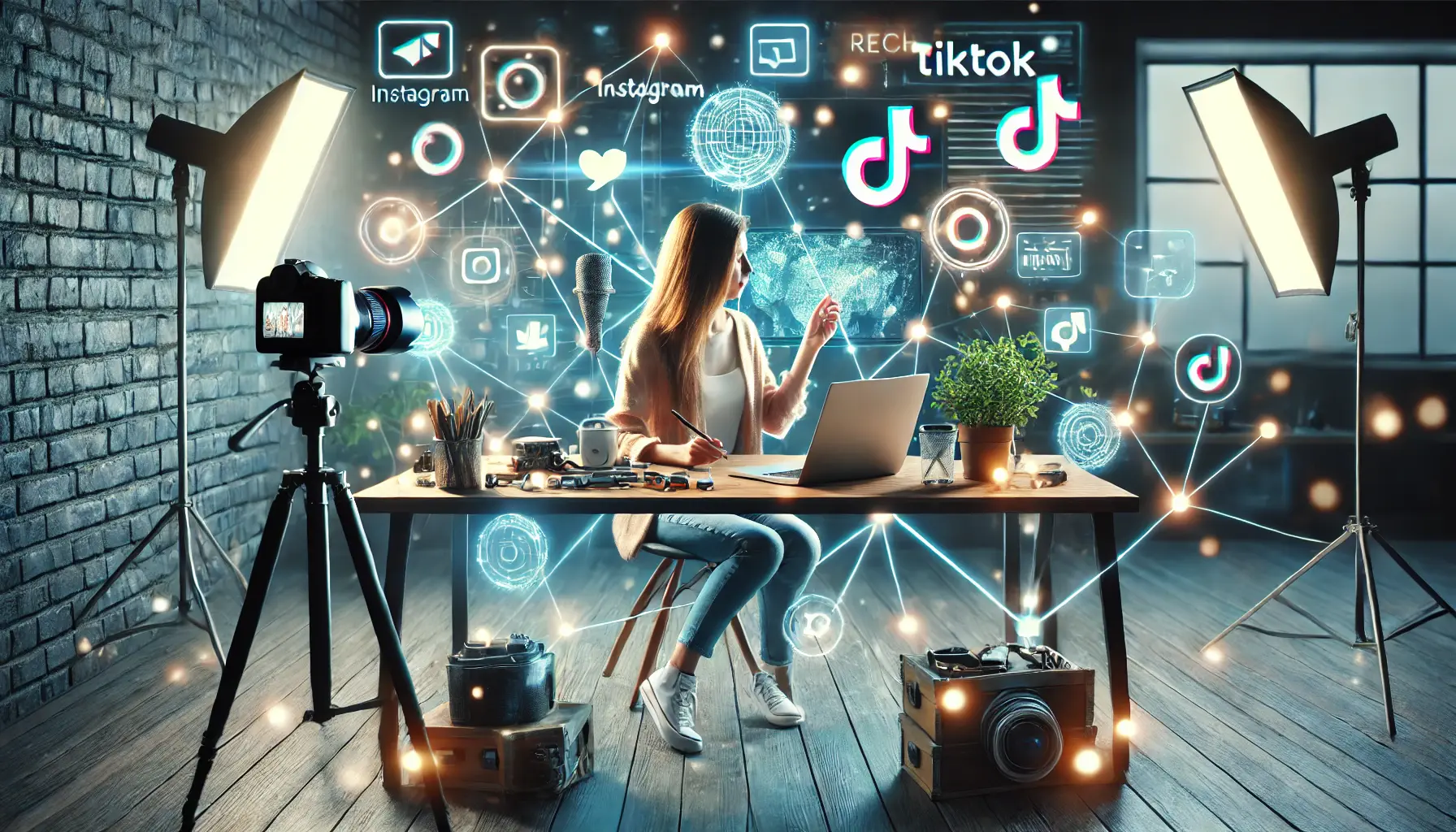 A content creator in a professional setup with icons representing social media platforms.