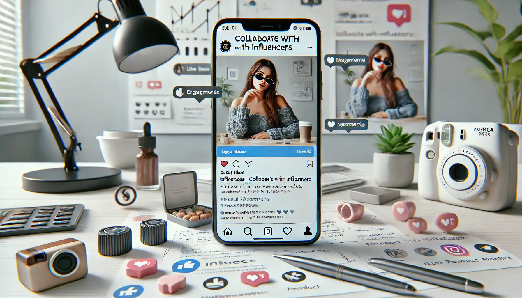 A smartphone displaying an Instagram post by an influencer showcasing a product, with high engagement and social media interaction.