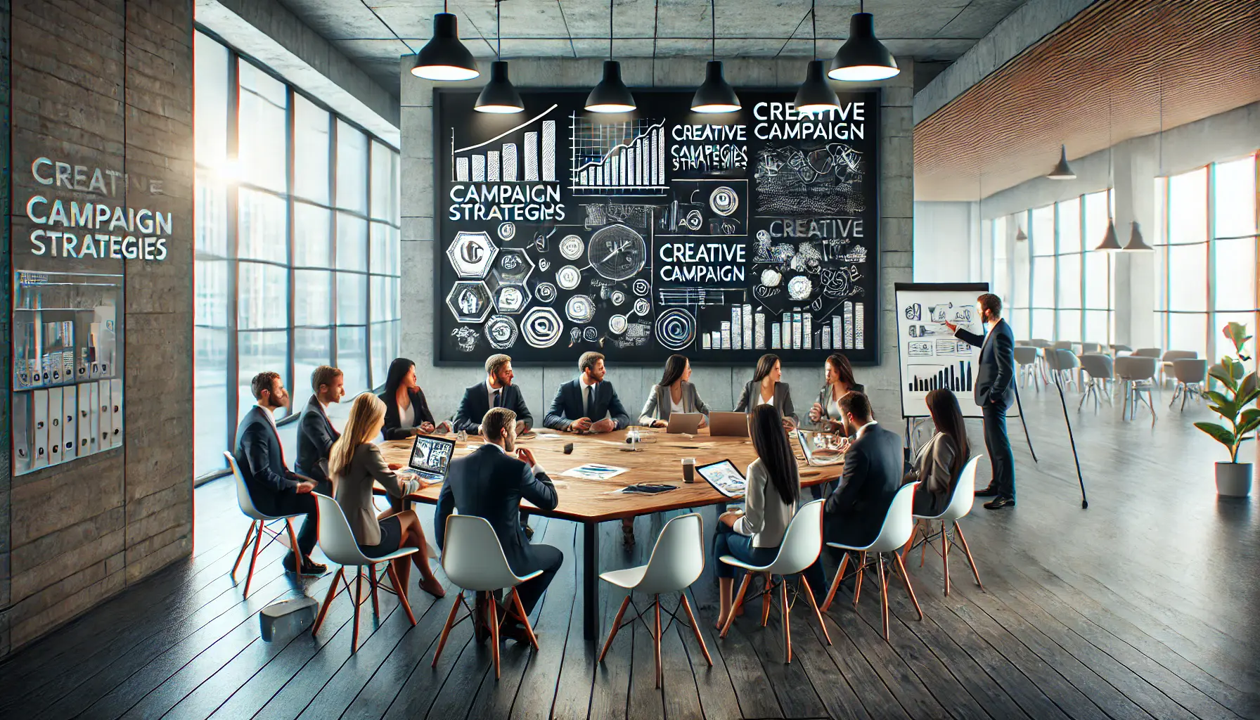 A business team collaborating on creative campaign strategies in a modern office, brainstorming and discussing ideas around a table.