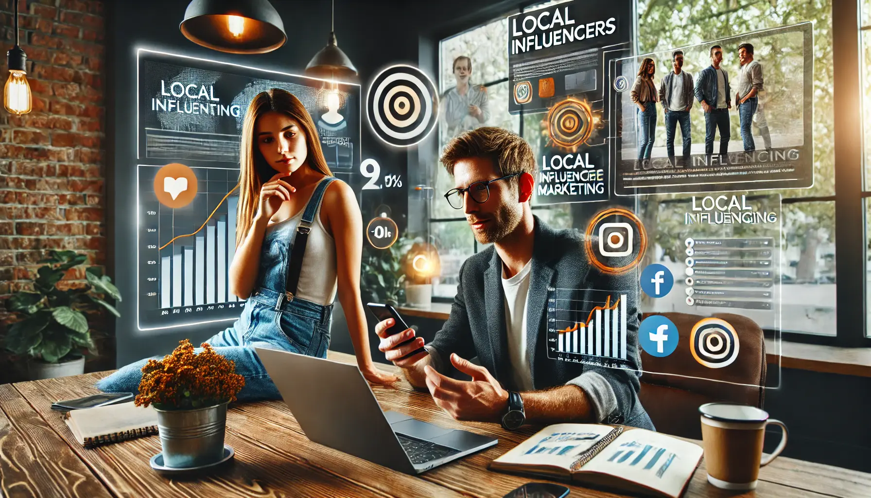 A digital marketing professional and a local influencer discussing content creation in an office setting, with social media posts and analytics in the background.