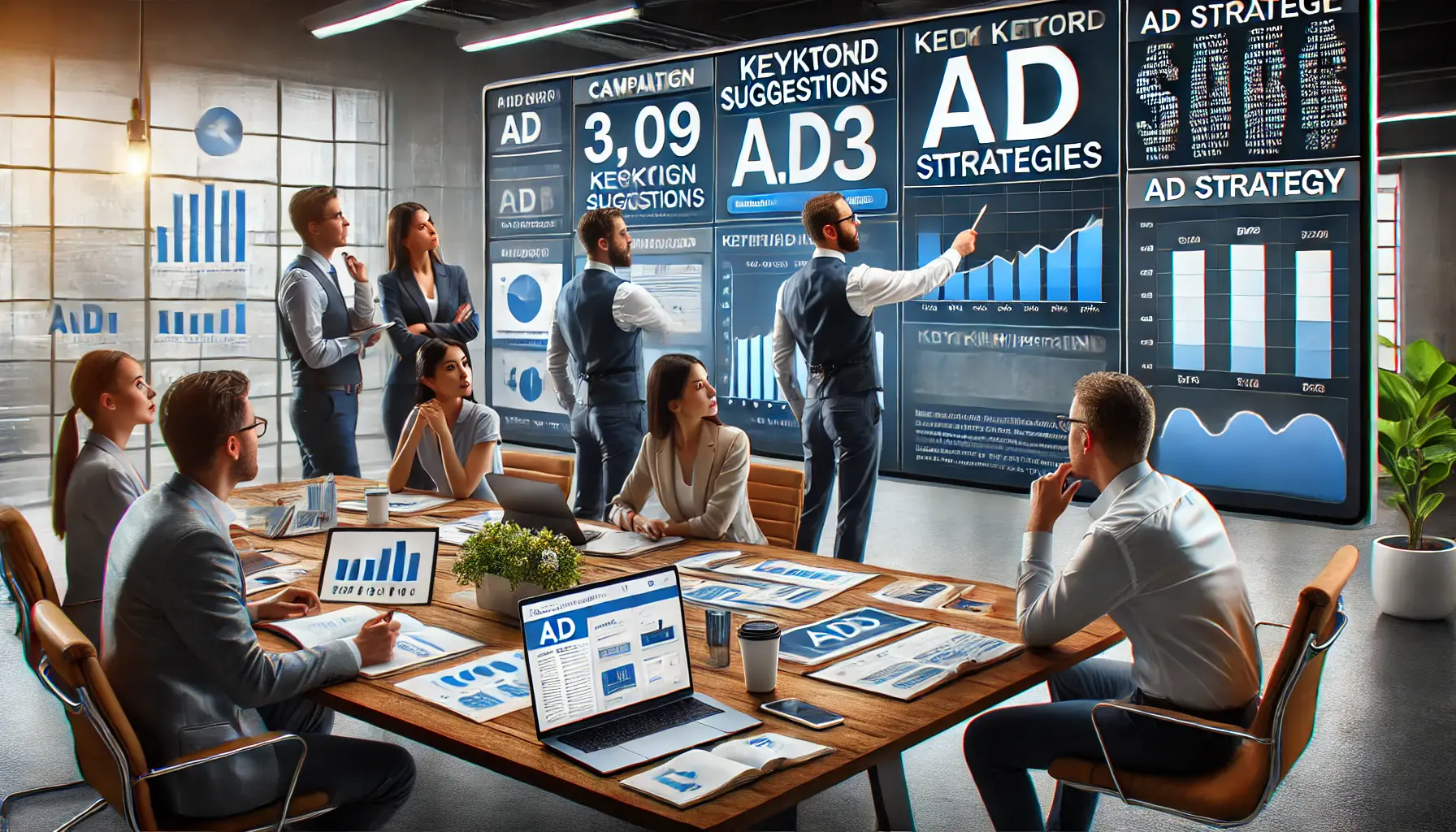 A team of marketing professionals collaborating in an office with a screen displaying campaign metrics and ad mockups.