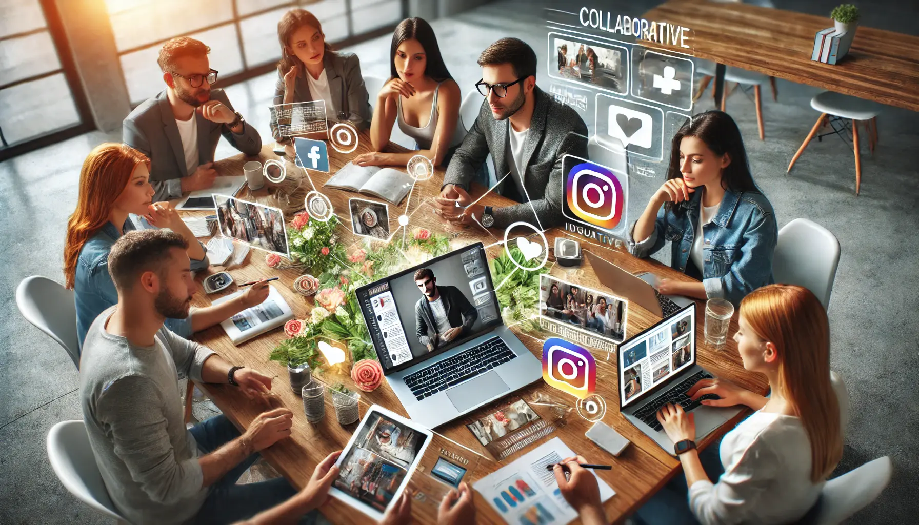 An influencer and brand marketing team collaborating around a workspace, discussing ideas for a content campaign with digital content on laptops and tablets.