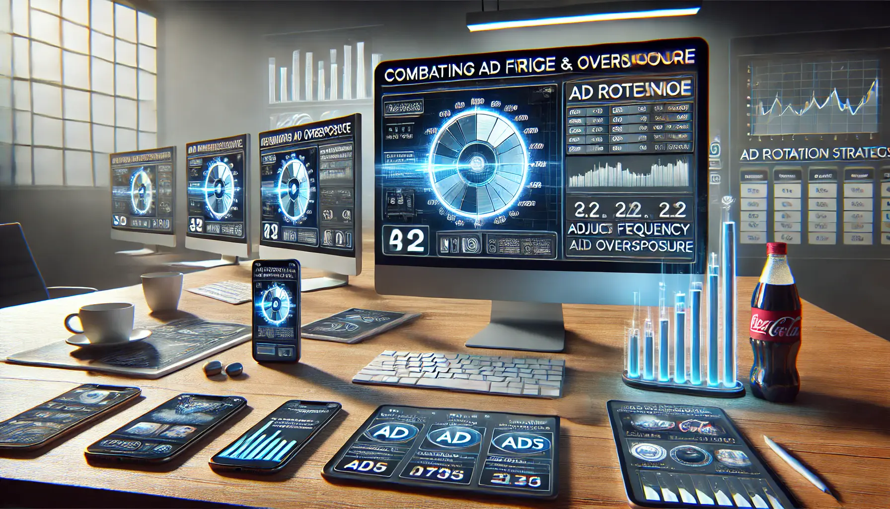 A computer screen displaying ad performance data and visuals of ad cycling, with smartphones showing user interactions to highlight ad rotation and frequency management.