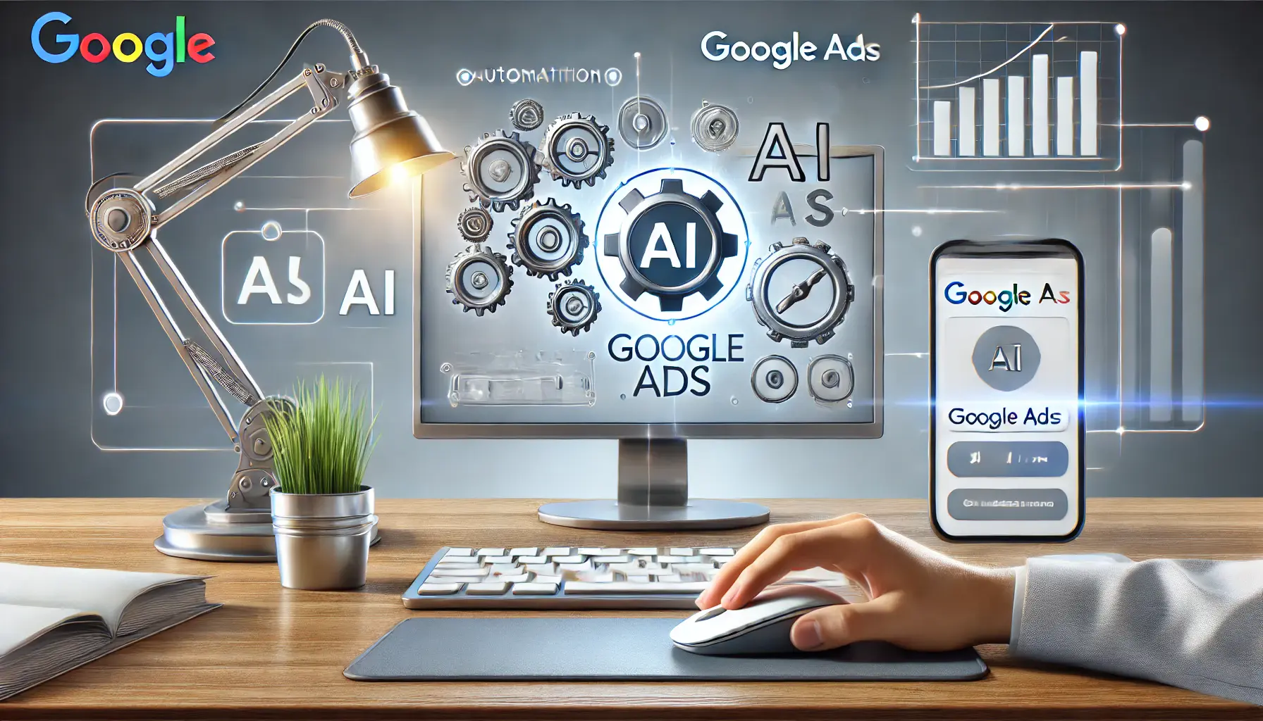 A digital workspace showing a balance between automation tools and manual oversight with a human hand adjusting Google Ads settings.