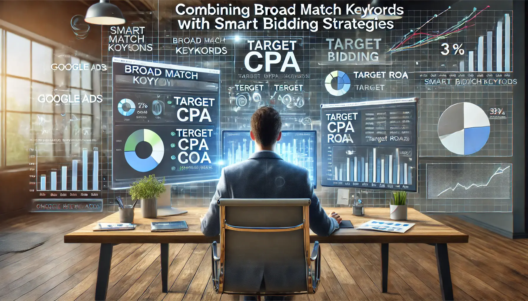 A digital workspace showing a marketer analyzing campaign performance with automated bidding strategies and broad match keywords on a computer screen.