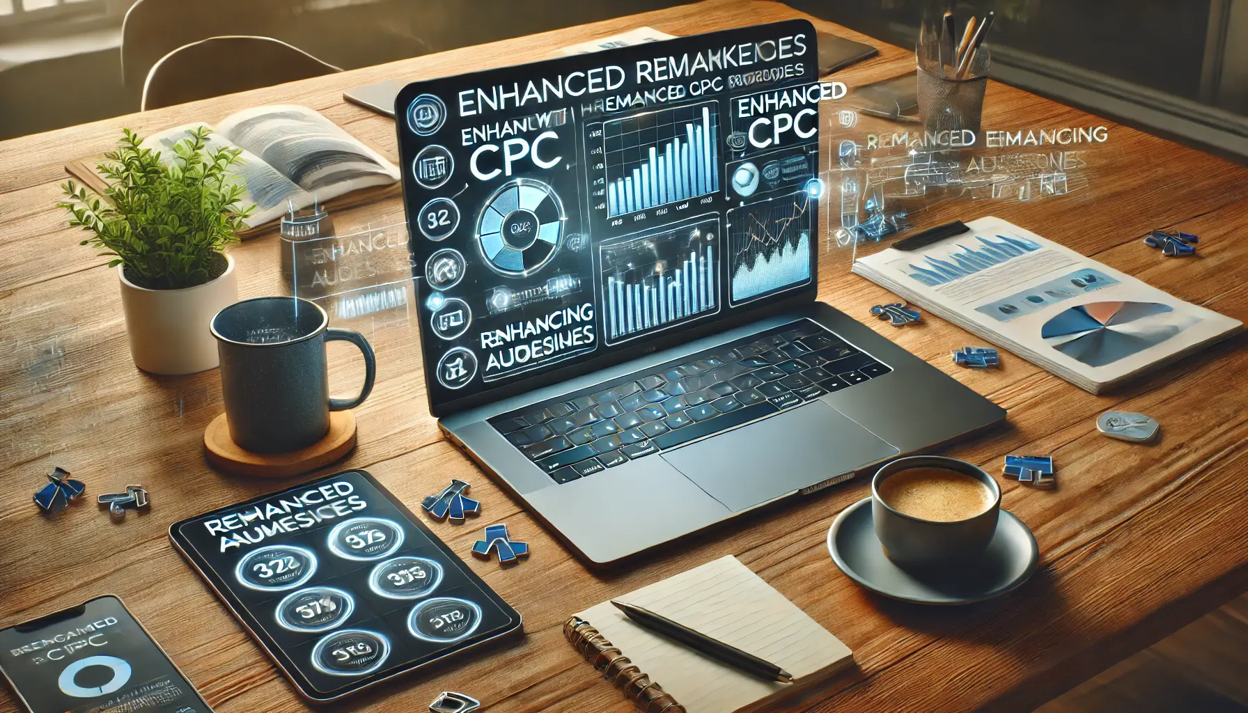 A digital marketing workspace with a laptop displaying a dashboard showing how remarketing audiences integrate with Enhanced CPC strategies.