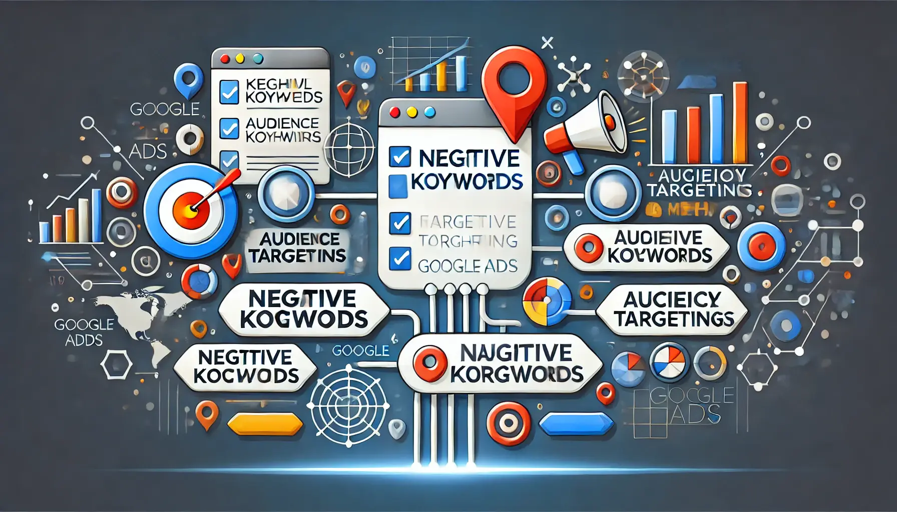 Abstract representation of combining negative keywords with targeting methods, featuring audience targeting icons, maps, and keyword lists.