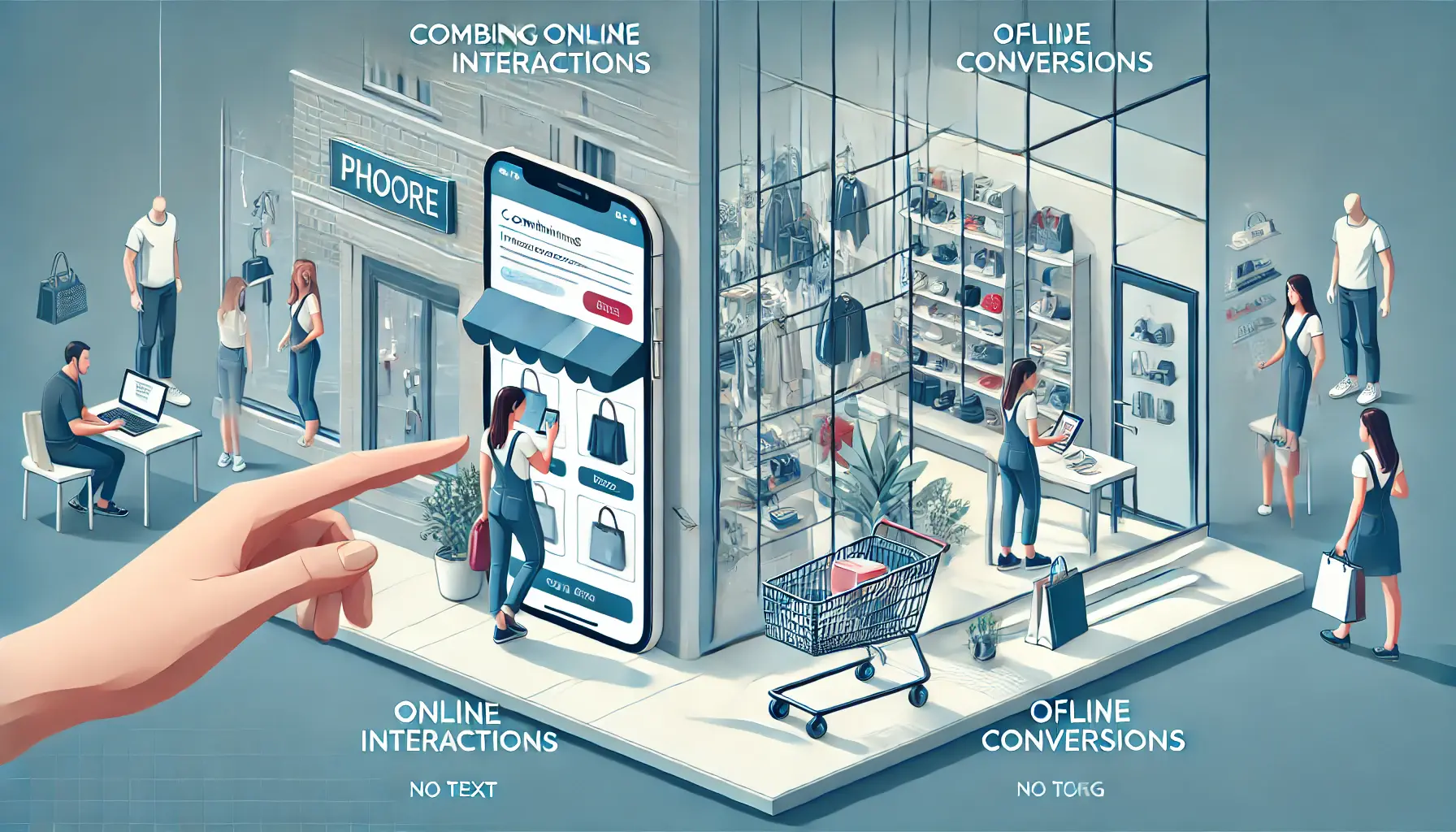 Customer browsing products on their phone and then walking into a physical store to make a purchase, showing integration between online and offline shopping.