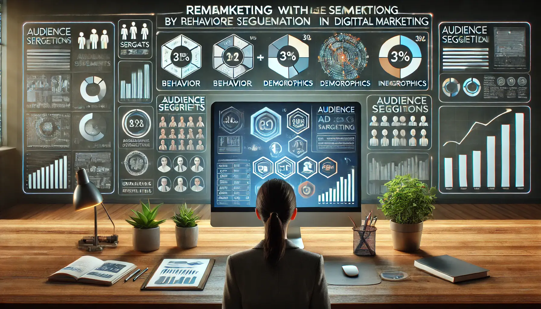 A digital marketing workspace showing a computer screen displaying an analytics dashboard with audience segmentation by behavior, demographics, and interactions, illustrating remarketing.