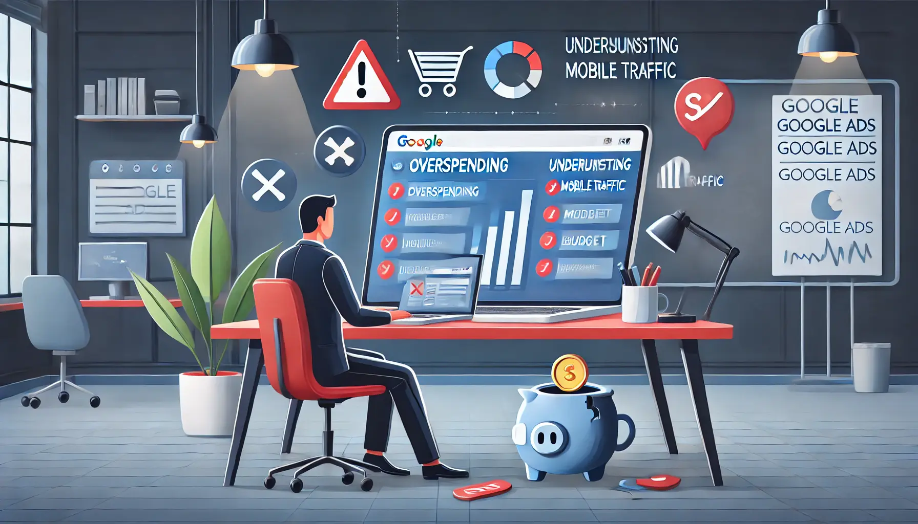 A professional sitting at a desk with a laptop displaying a Google Ads dashboard, highlighting common budgeting mistakes with icons like a broken piggy bank and warning symbols.