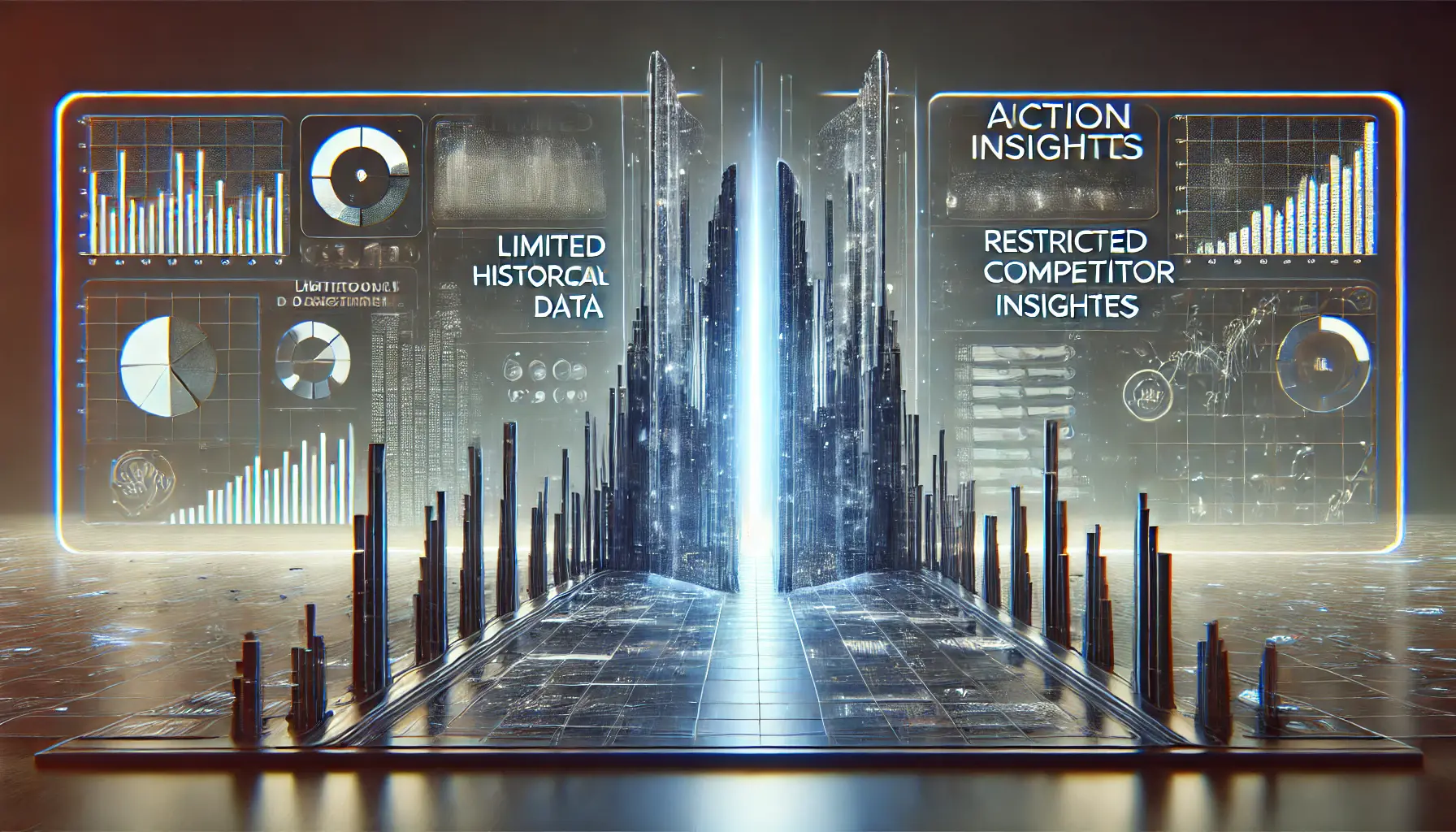 A futuristic dashboard with incomplete data points representing challenges in auction insights analysis.