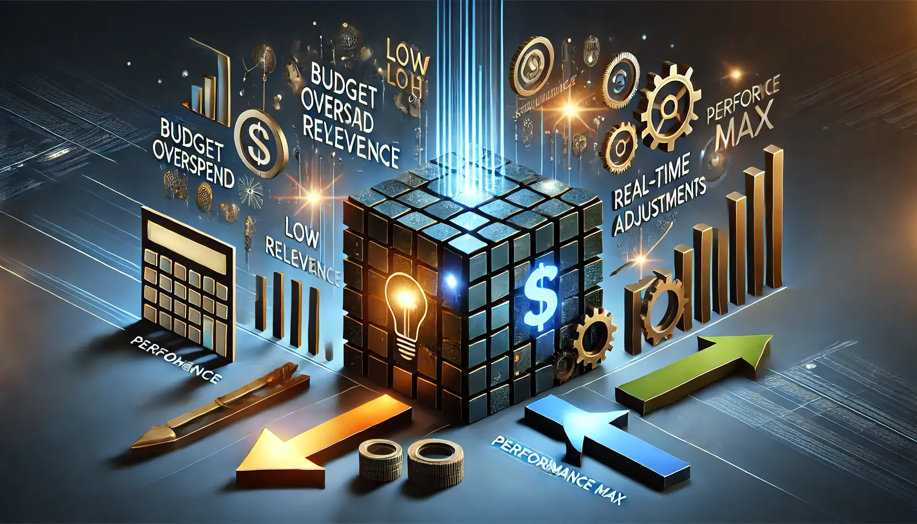 A visual representation of challenges and solutions in Performance Max campaigns, depicting obstacles like budget overspend and solutions like optimization.