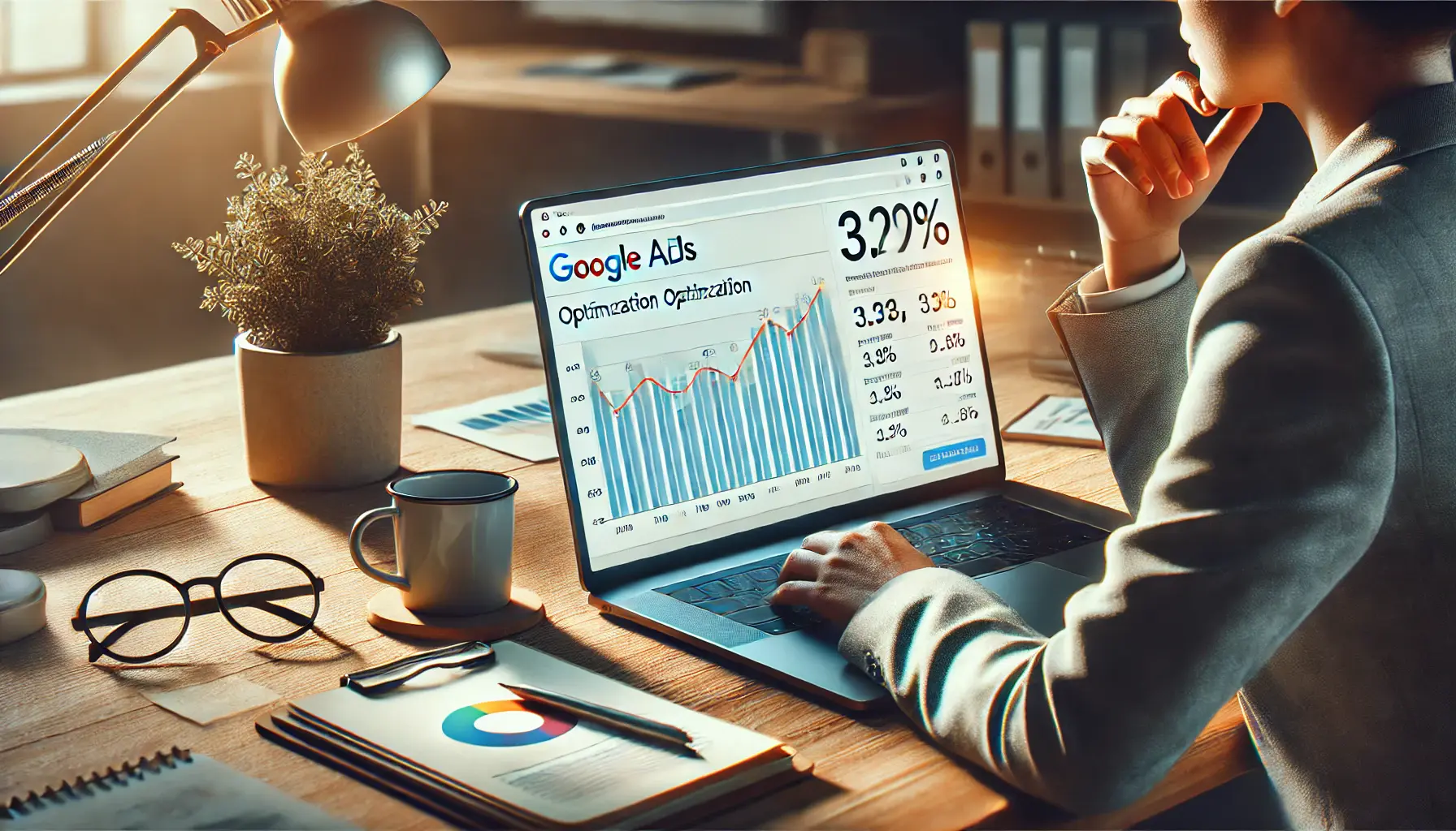 A business professional looking at a laptop screen displaying a Google Ads dashboard with fluctuating performance metrics, highlighting the challenges in optimization.