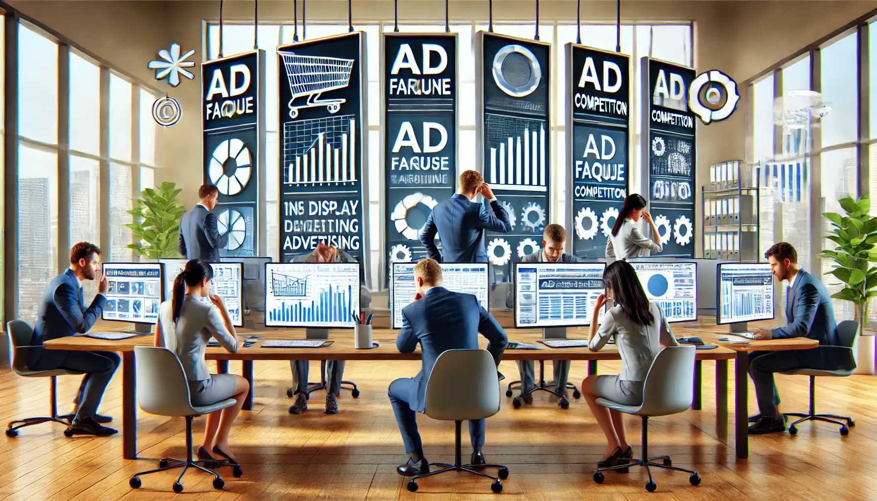 A modern office with marketers analyzing complex data on screens, showing the difficulties of navigating B2B display advertising challenges like ad fatigue and competition.