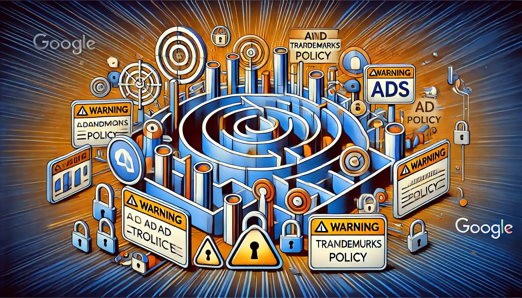 An abstract illustration of a maze overlayed on a digital ad interface with warning icons and barriers.