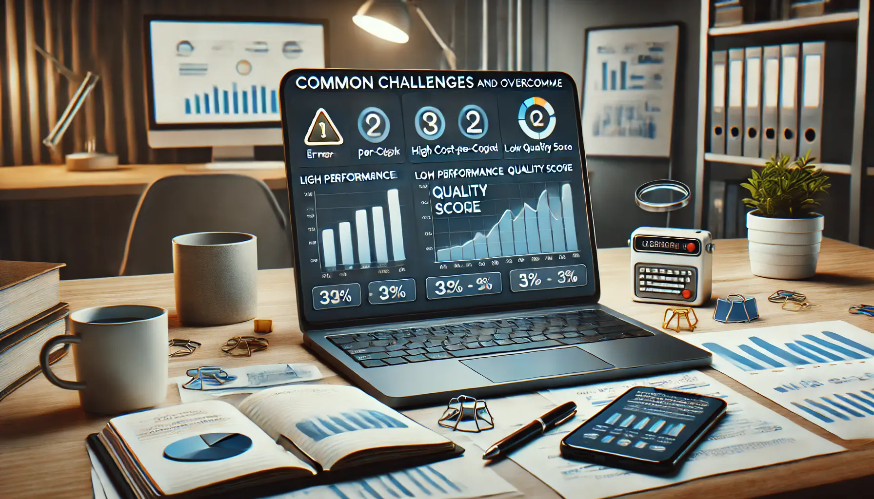 A laptop displaying an analytics dashboard with low performance metrics, surrounded by a smartphone, notebook, coffee cup, and graphs showing improvements in a modern office setting.