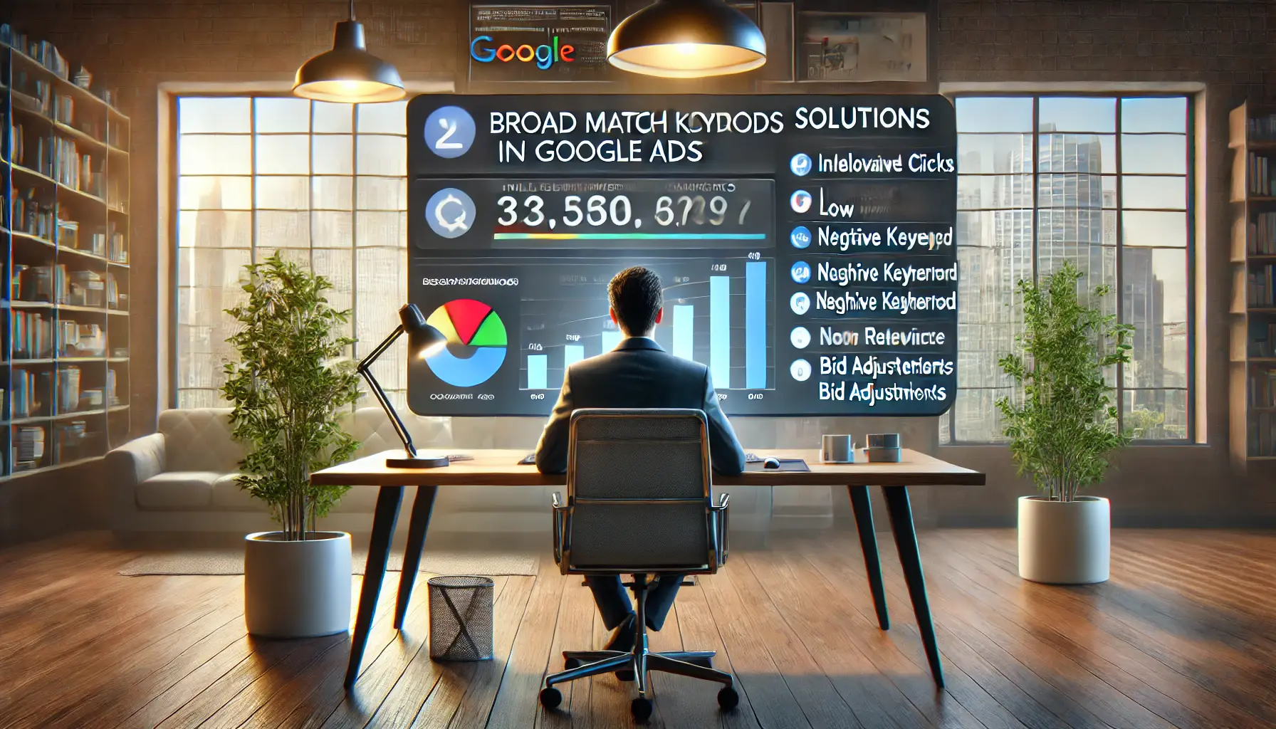 A digital workspace showing a marketer analyzing campaign challenges such as irrelevant clicks and low conversion rates, with a focus on finding solutions like negative keywords and bid adjustments.