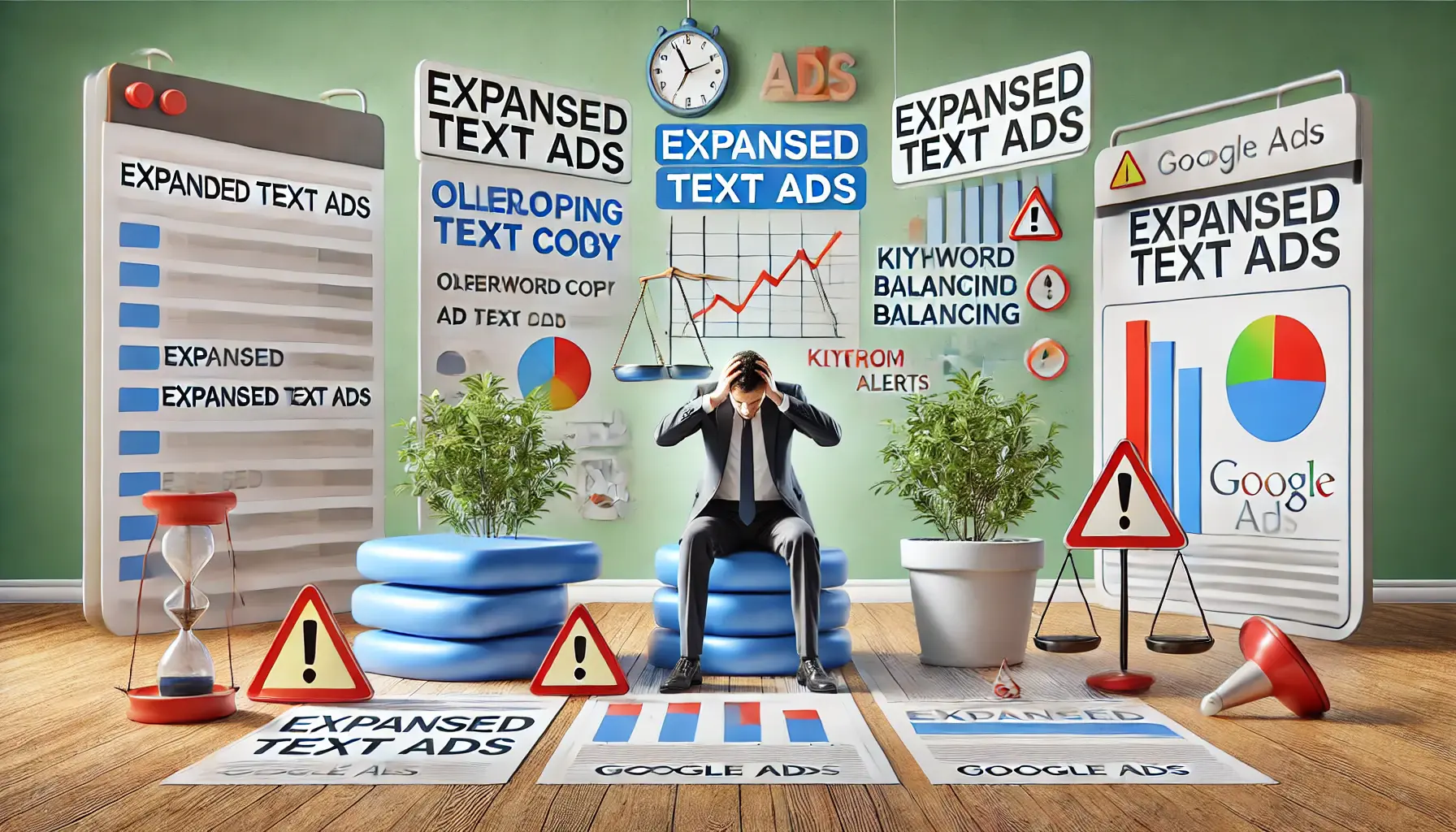 A frustrated marketer surrounded by symbols of challenges such as overlapping ad copy, keyword balancing scales, and red alert performance metrics.