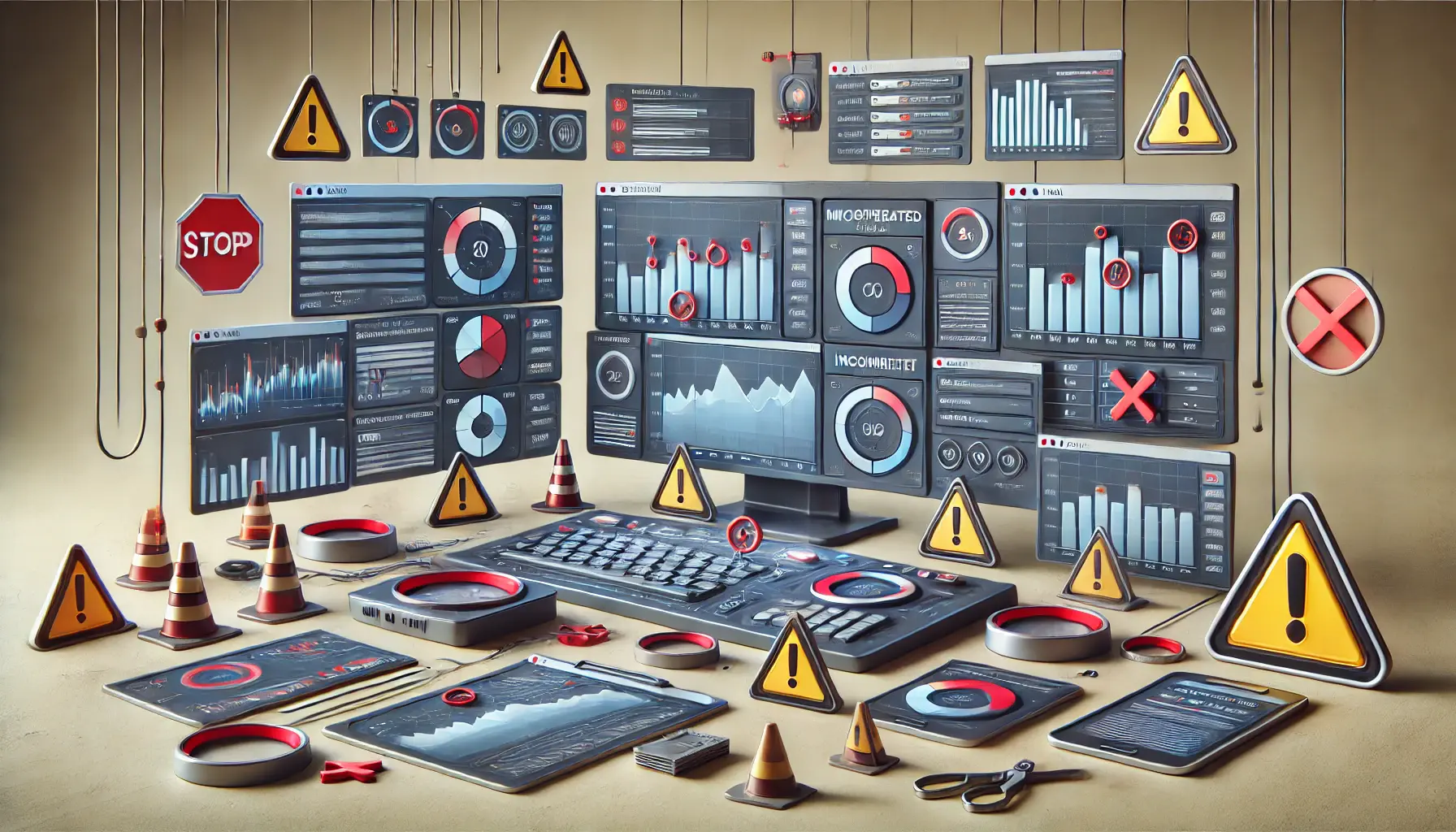 A digital analytics dashboard with misconfigured data, broken connections, and warning icons symbolizing setup errors.