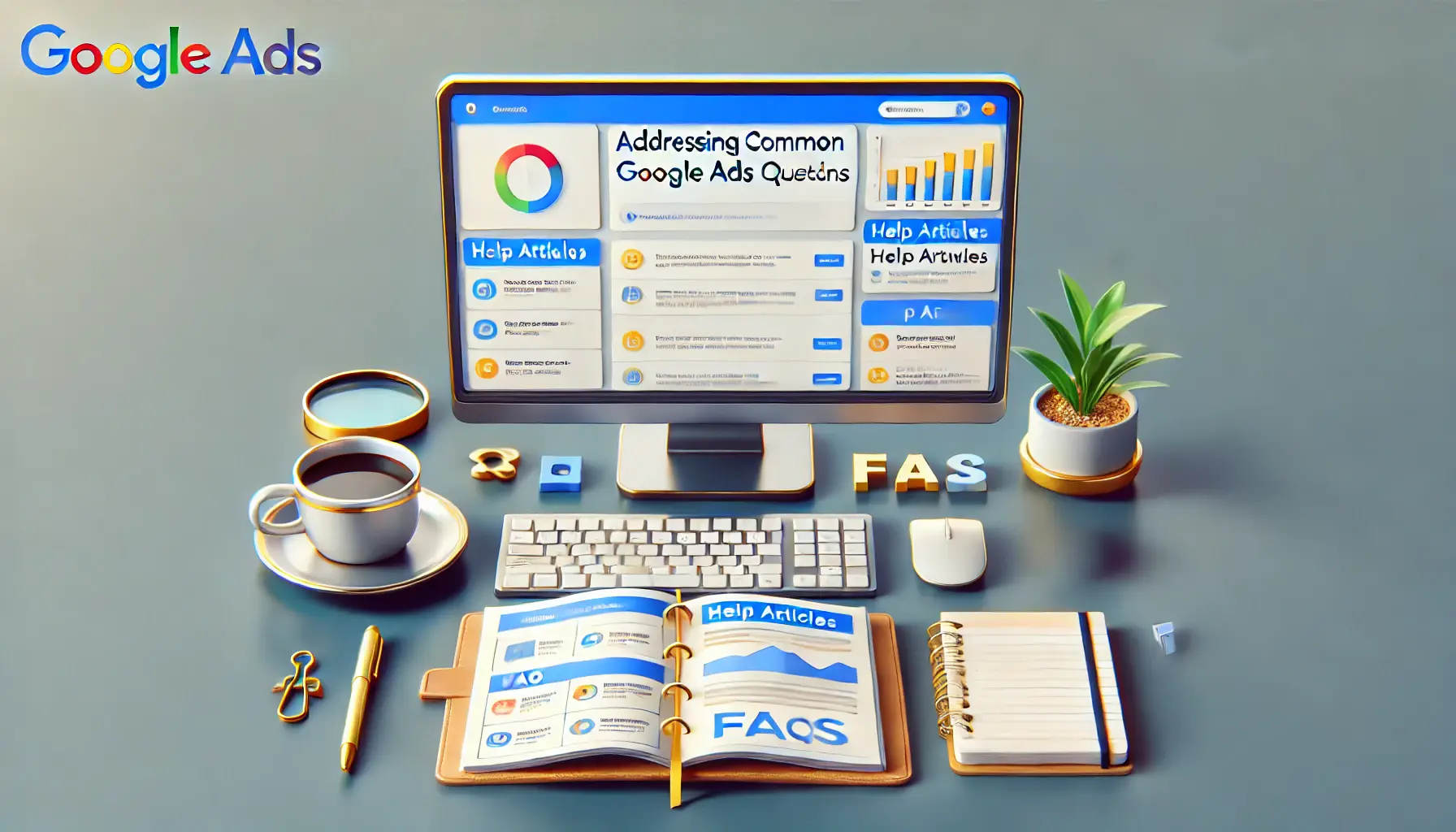 A modern workspace with a computer screen displaying a Google Ads dashboard and help articles related to common questions.
