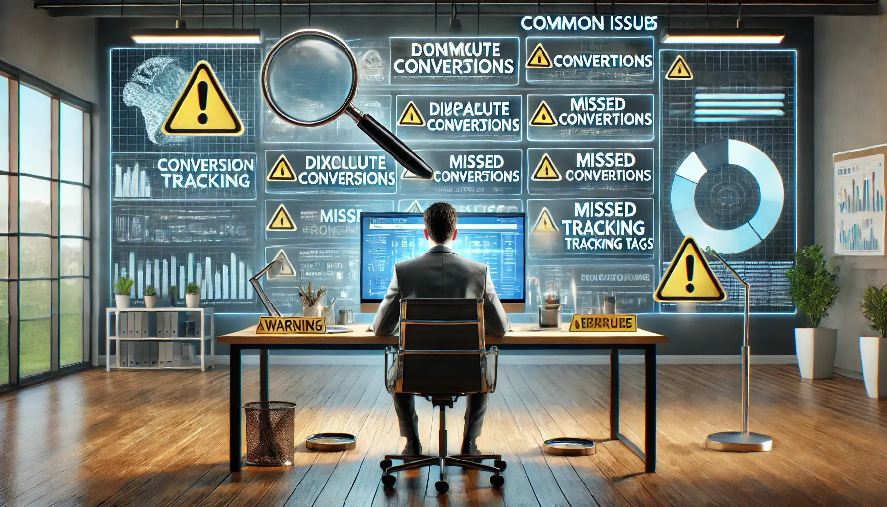 An image showing a digital marketing professional analyzing a screen displaying common conversion tracking issues such as data discrepancies and duplicate conversions.