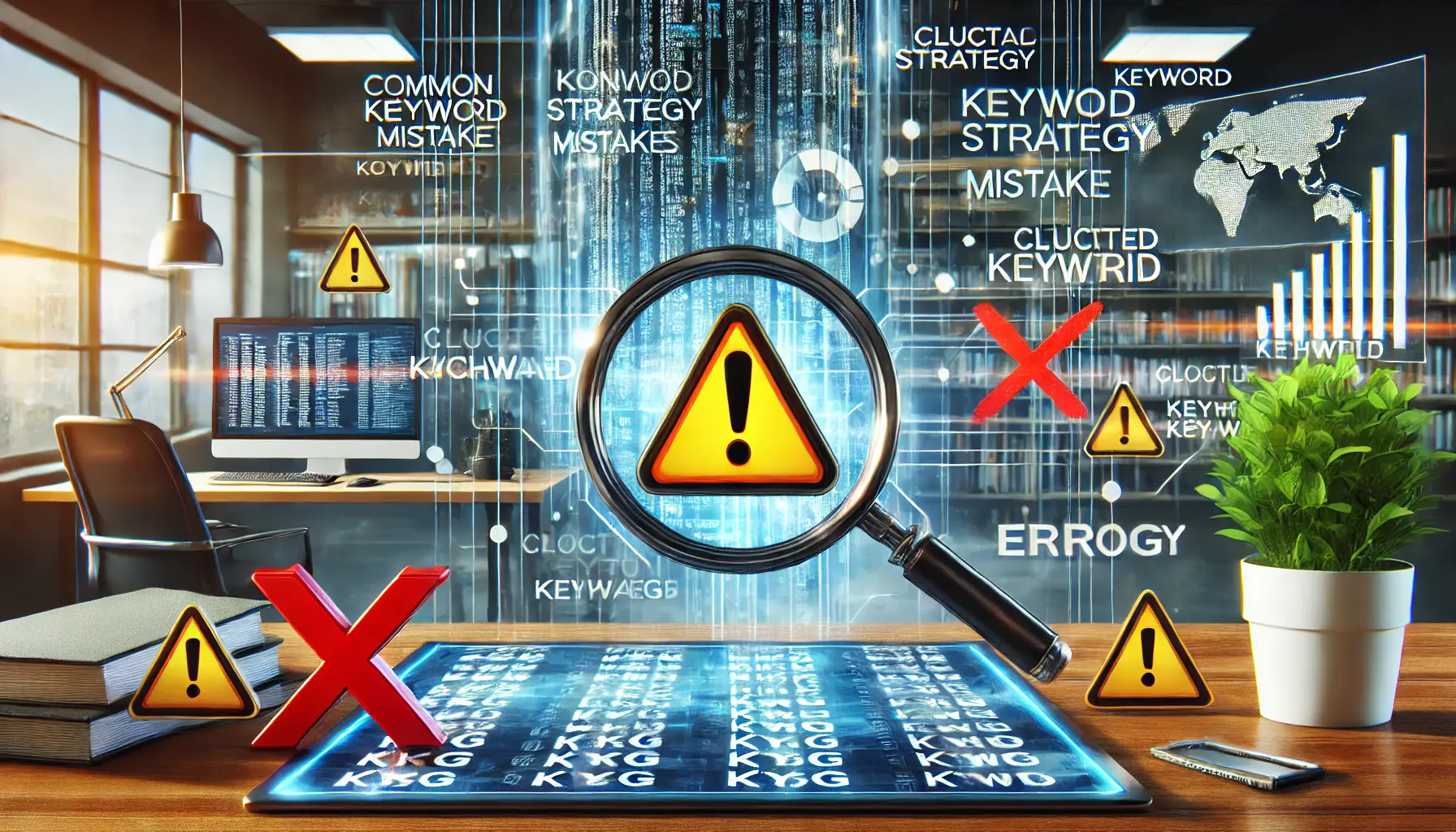 Illustration of common keyword strategy mistakes, featuring warning icons, crossed-out keywords, and cluttered analytics in a digital workspace.