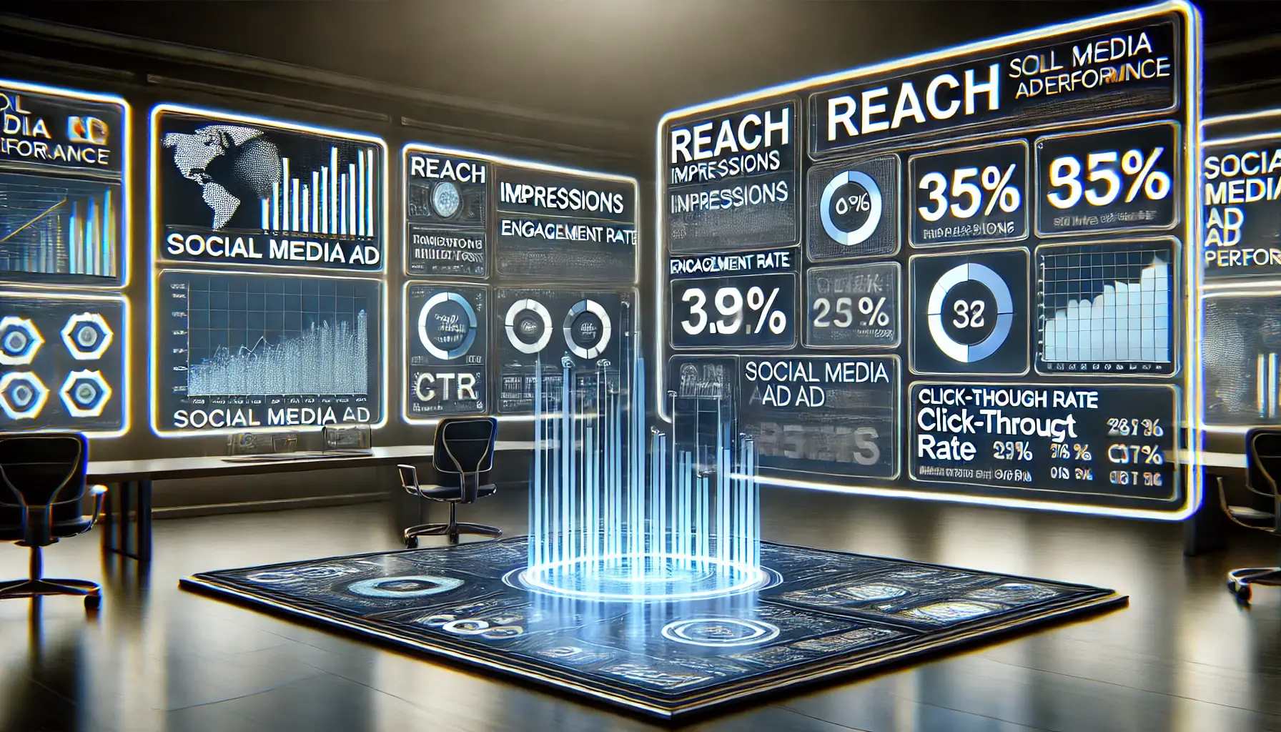 A modern digital workspace with interactive screens displaying social media ad performance metrics, including reach, impressions, engagement rate, CTR, and conversion rate.