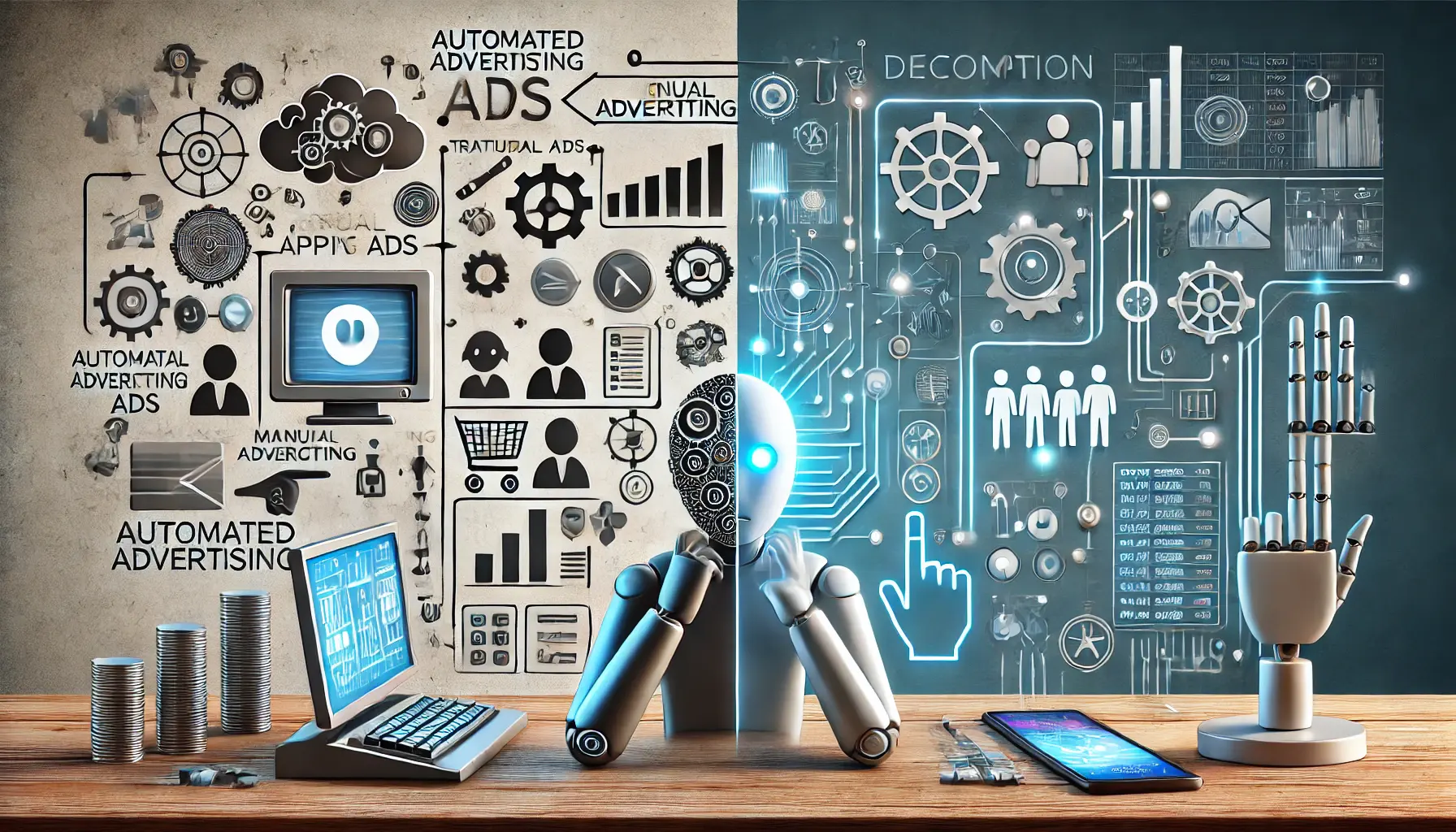 A split image showing a chaotic manual advertising process contrasted with a streamlined automated system, symbolizing clarity and efficiency.