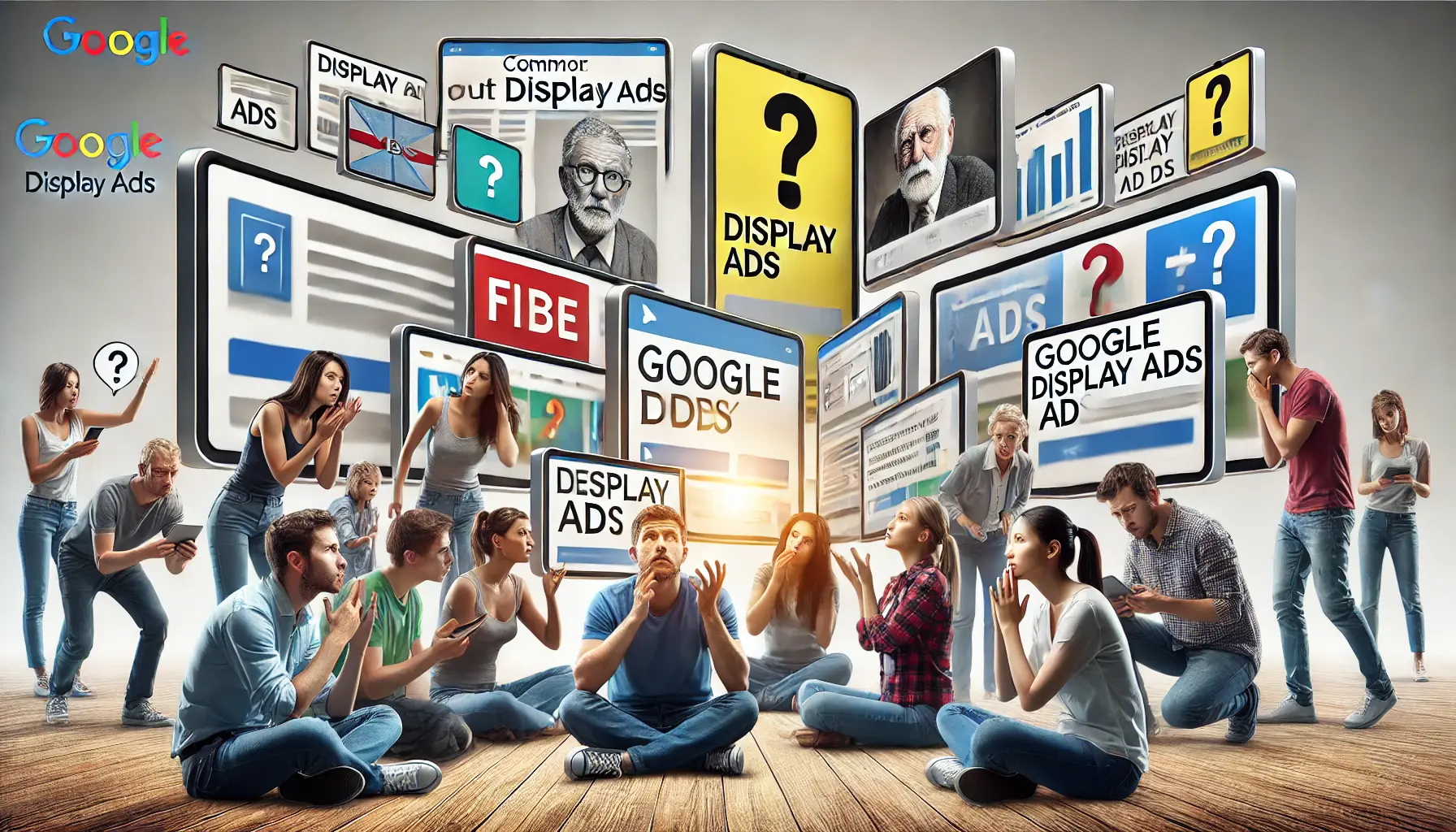 An image illustrating confusion about Google Display Ads, with people questioning their effectiveness while viewing ads on different devices.