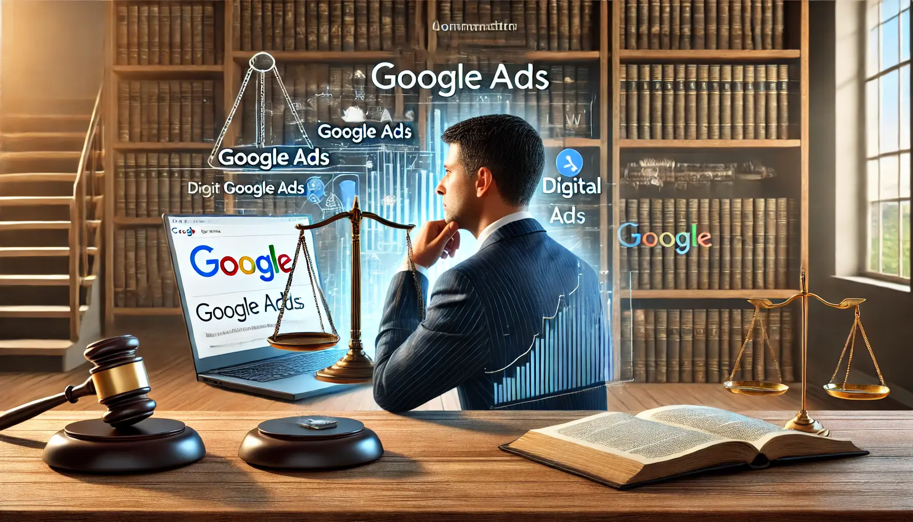 Illustration of a lawyer reflecting on misconceptions about Google Ads, with a laptop displaying analytics and digital marketing elements in the background.