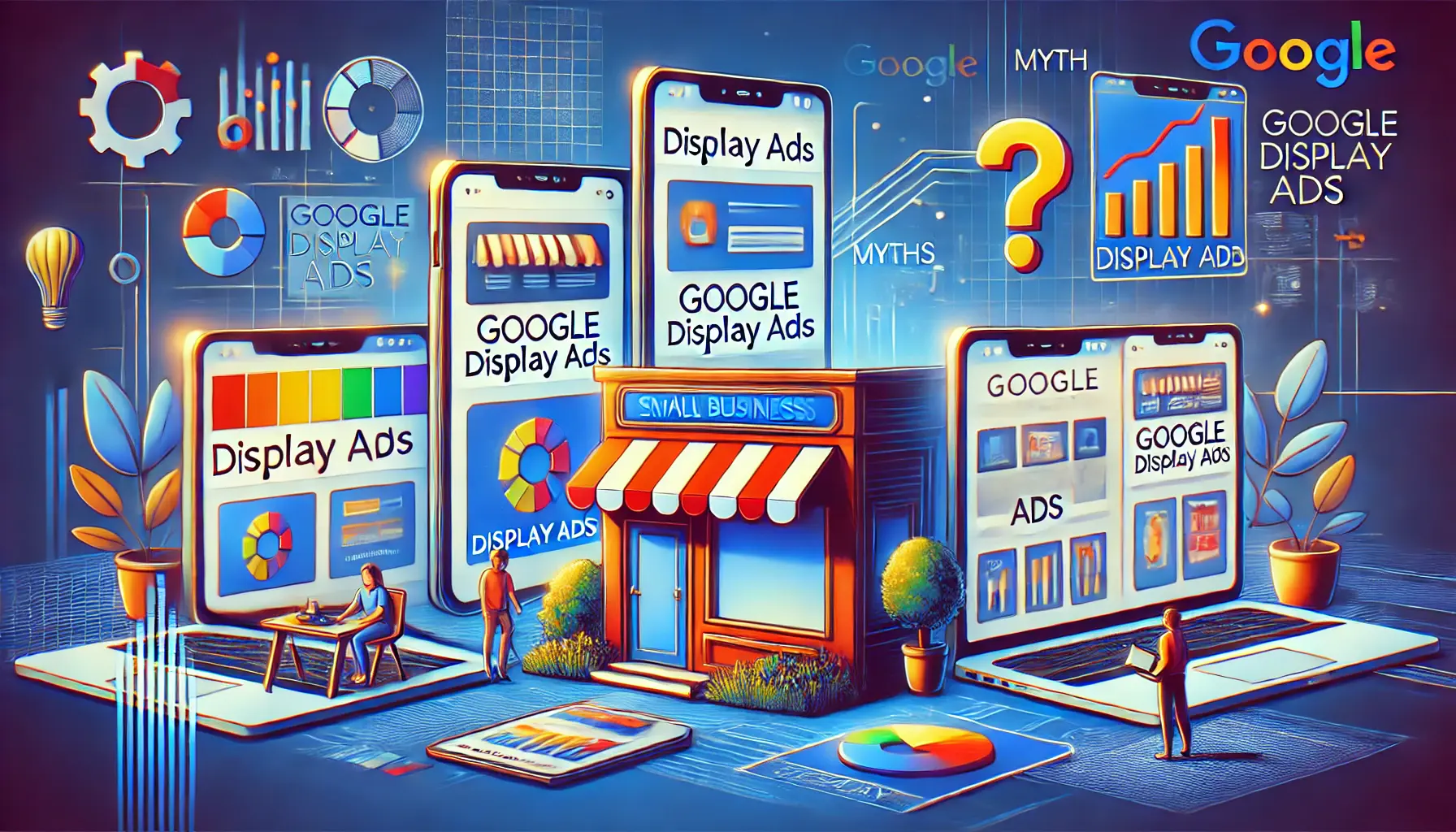 Illustration addressing misconceptions about Google Display Ads with contrasting visuals of small and large businesses.