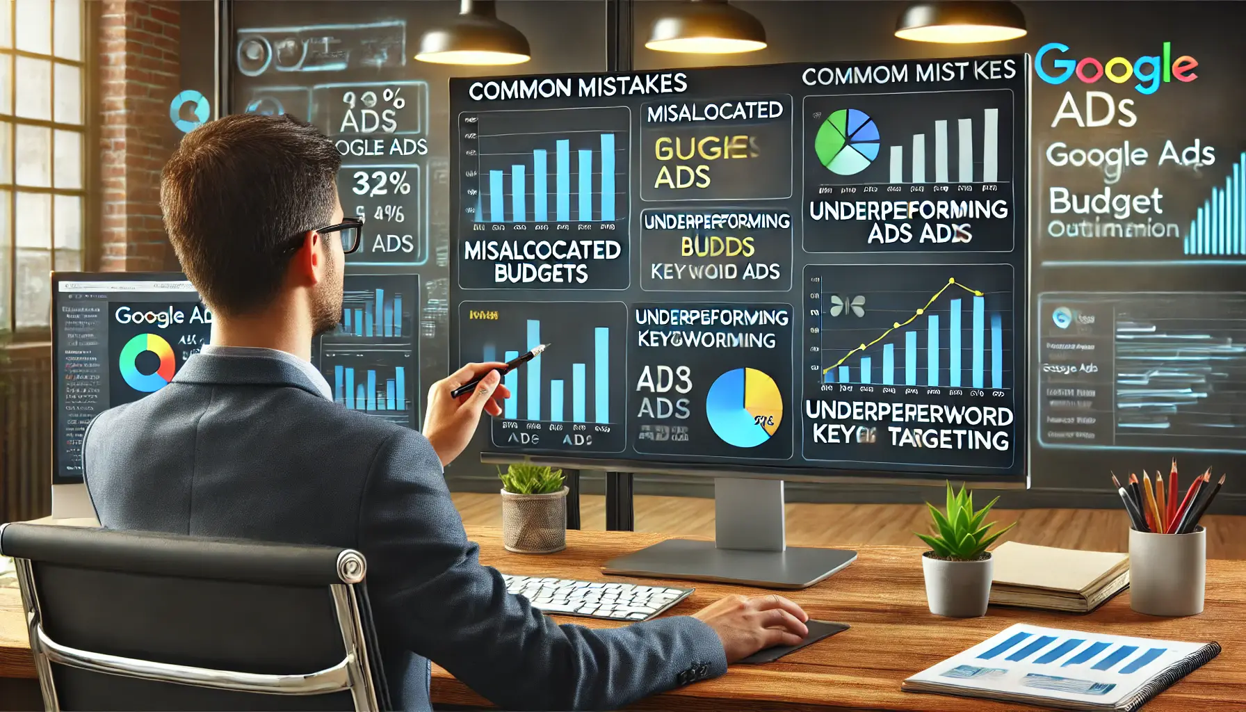 A digital marketing professional reviewing common mistakes in Google Ads budget optimization on multiple screens, showing graphs and data visualizations in a modern office.